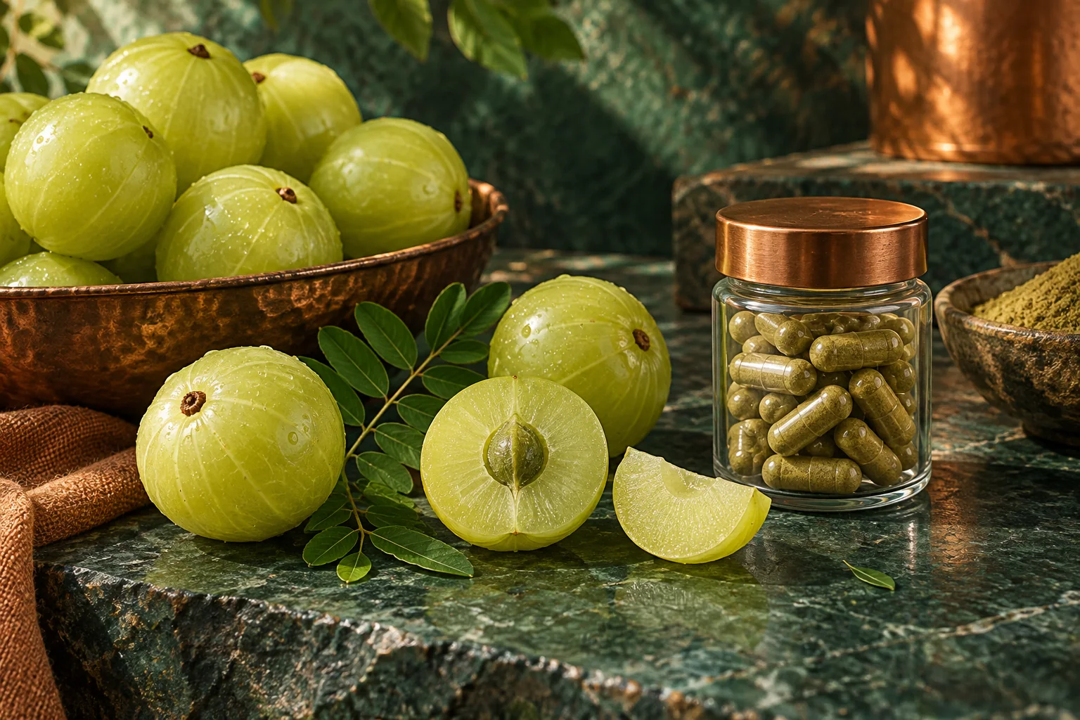 Fresh amla fruit beside an unbranded extract bottle and a glass on a warm green table.