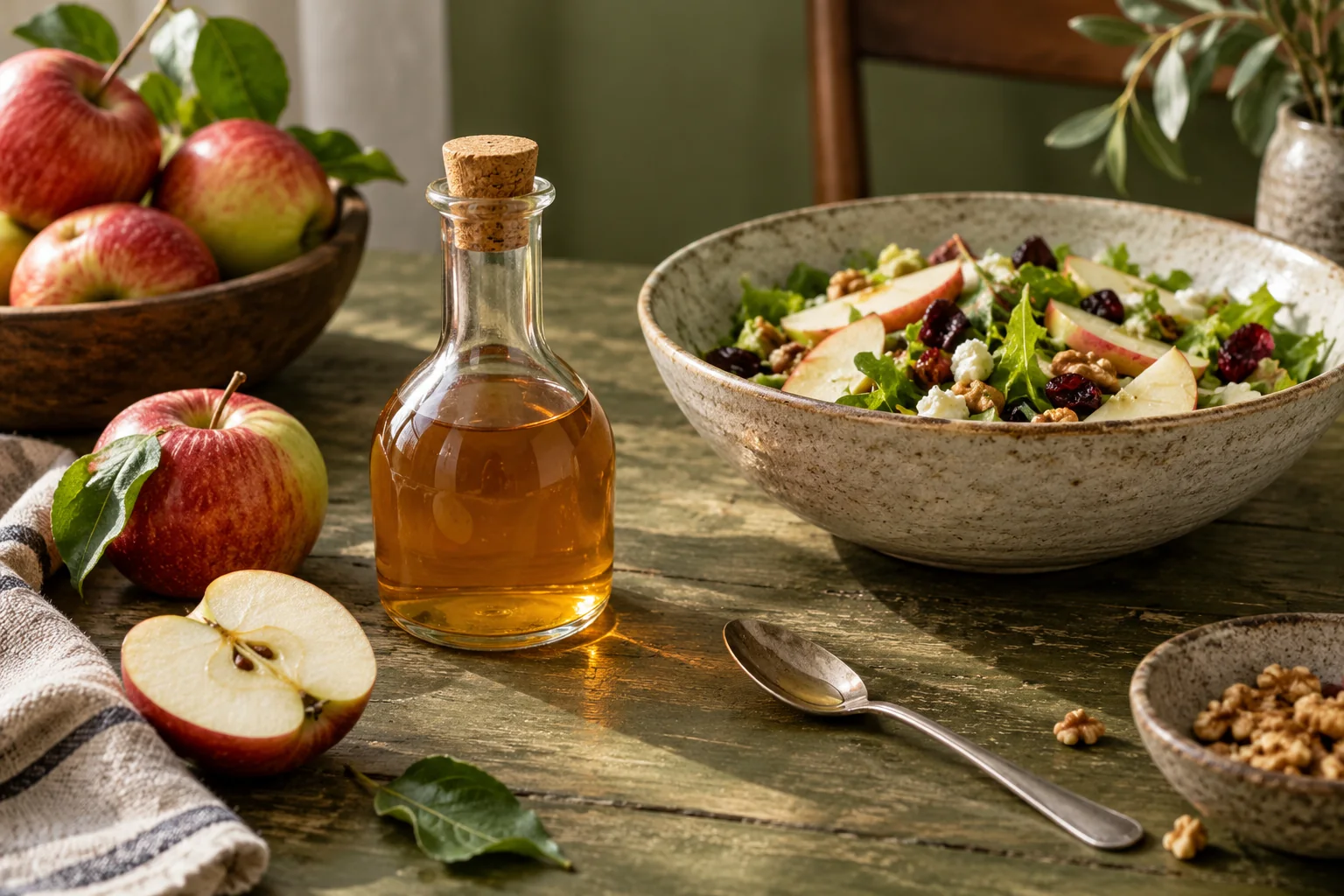 Apples and an unlabelled vinegar bottle beside a salad on an olive-green table.