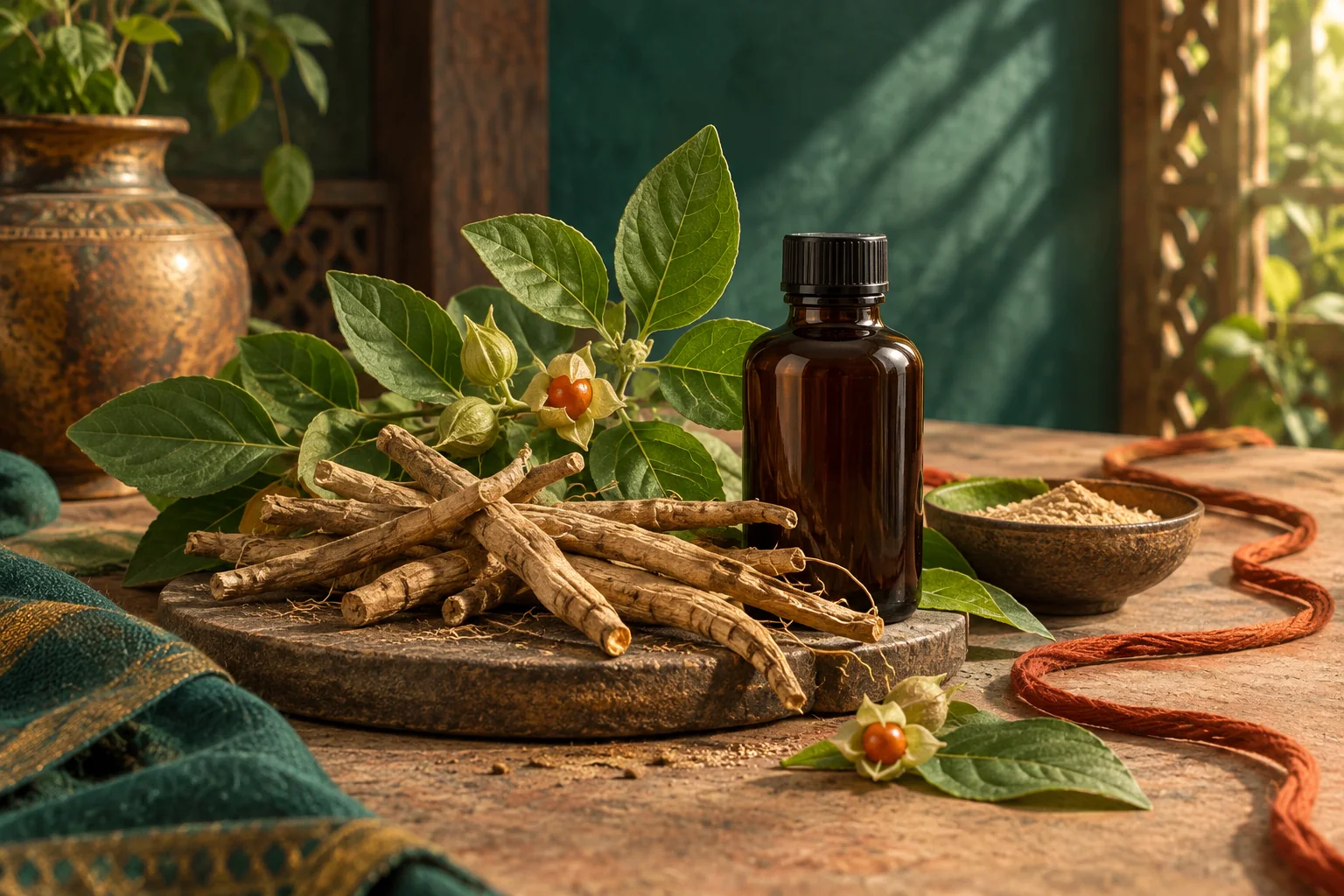 Ashwagandha roots and an unbranded amber bottle beside a quiet reading corner.