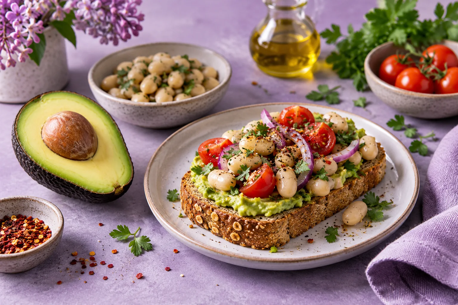 Avocado beside a bean-topped open sandwich on a lavender table.