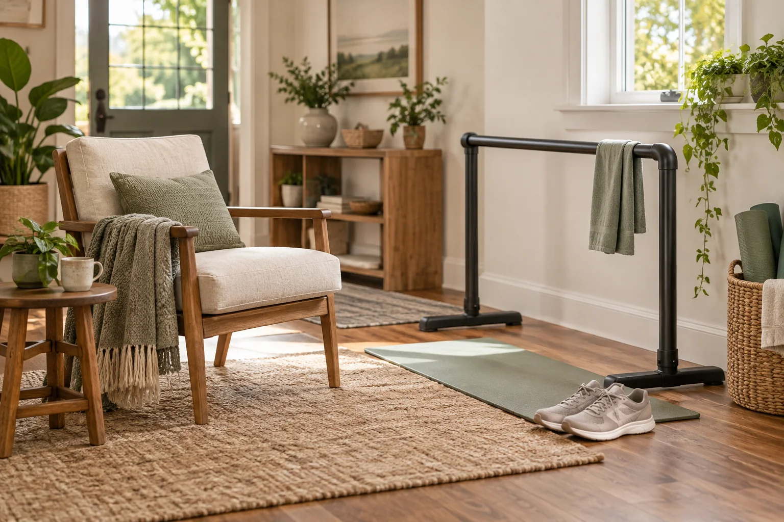A stable armchair and walking shoes in a bright sunlit room.