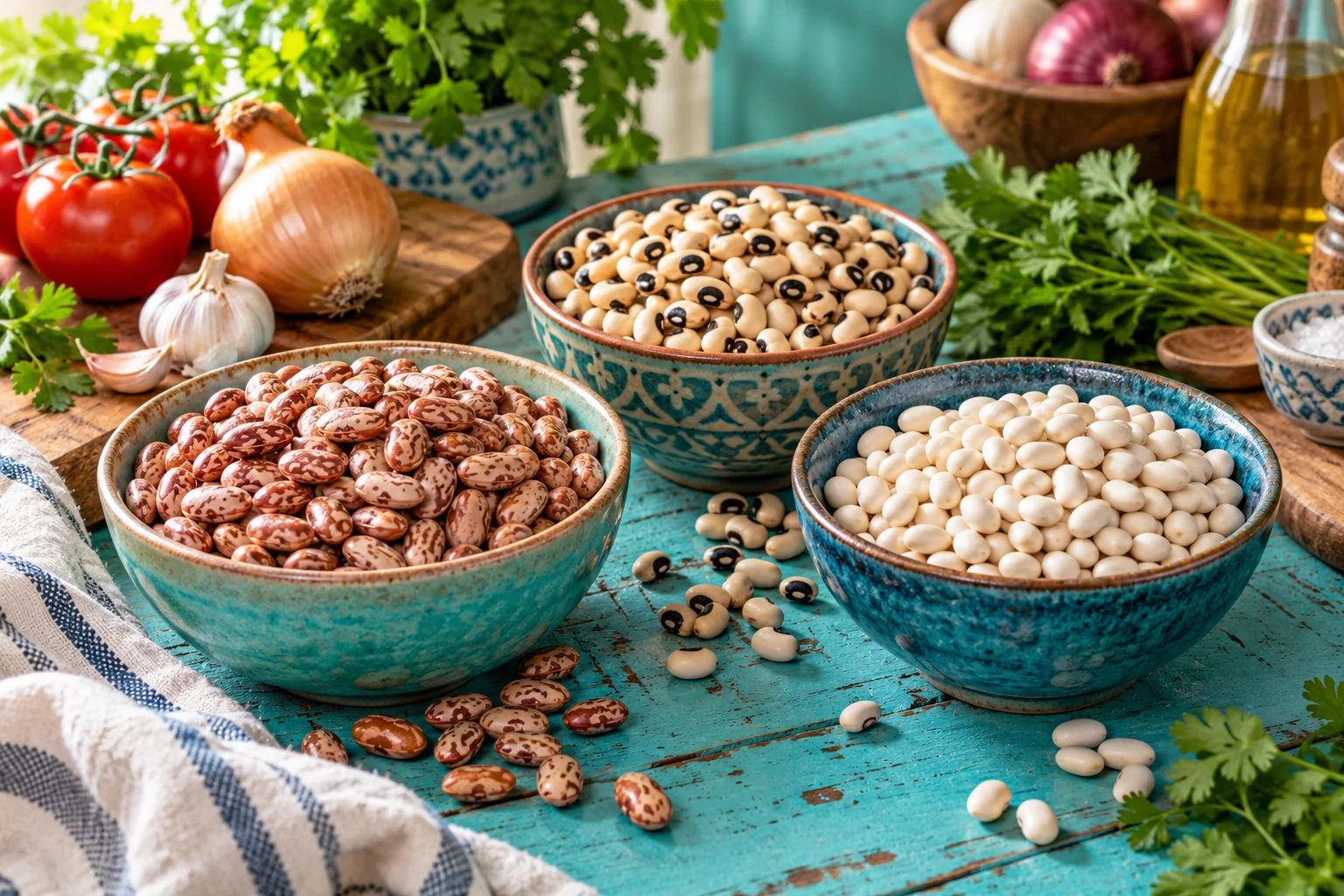 Three colourful bowls of pinto, black-eyed and navy beans on a turquoise kitchen table.