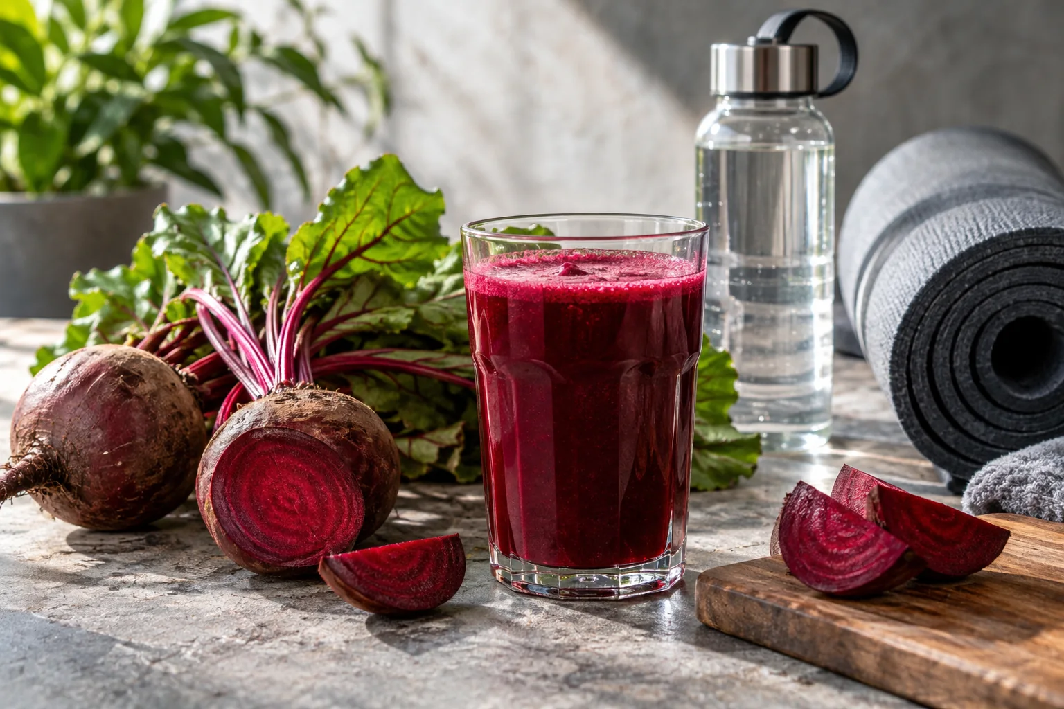A glass of beetroot juice beside cut beetroot, a water bottle and rolled exercise mat.