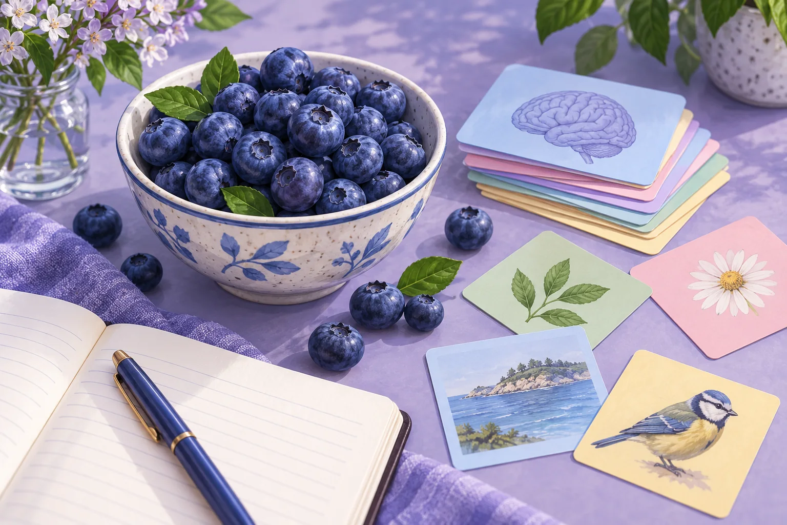 A bright bowl of blueberries beside a notebook and scattered coloured memory cards on a lavender desk.