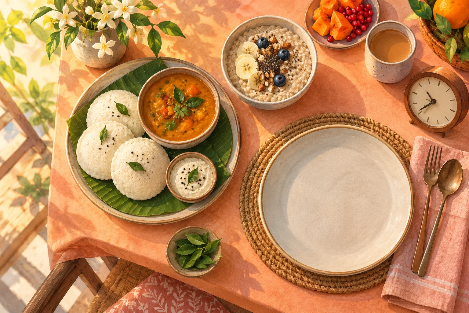 Idli, sambar and oats on a peach breakfast table beside an empty place setting.