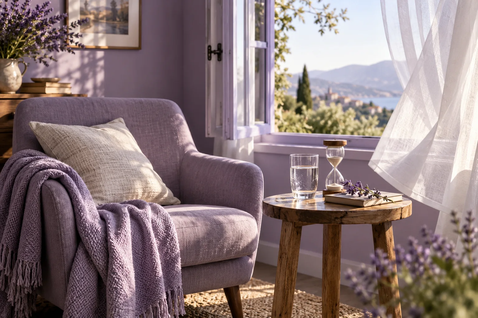 An empty lavender armchair beside an open window, with water and a small sand timer.