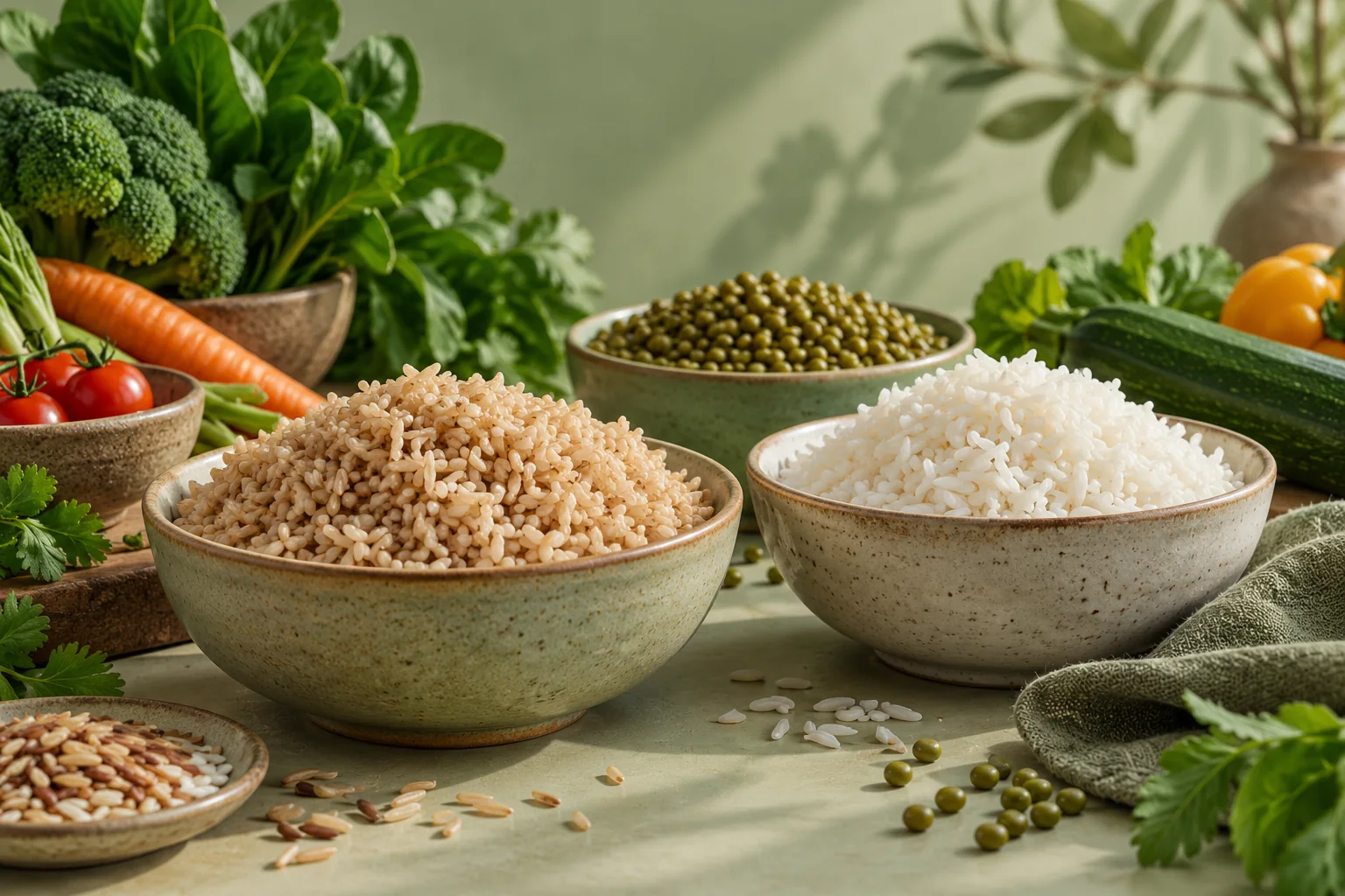 Two bowls of brown and white rice with vegetables and dal nearby.