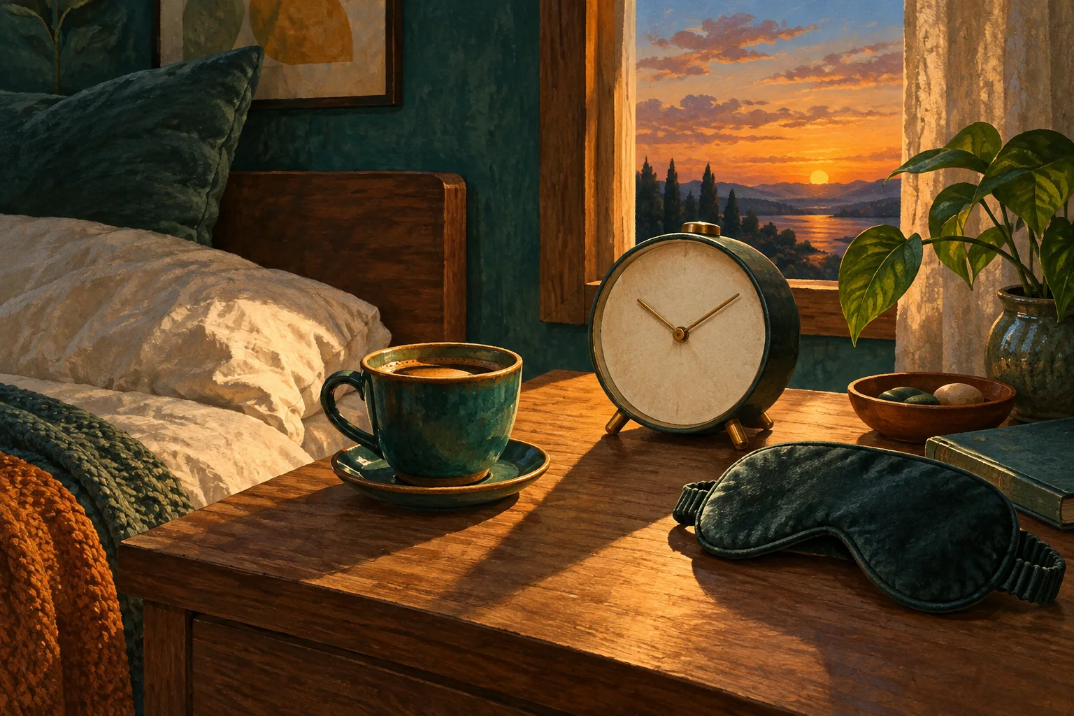 A coffee cup beside a clock and a dusk-lit window, with complete uncropped objects.