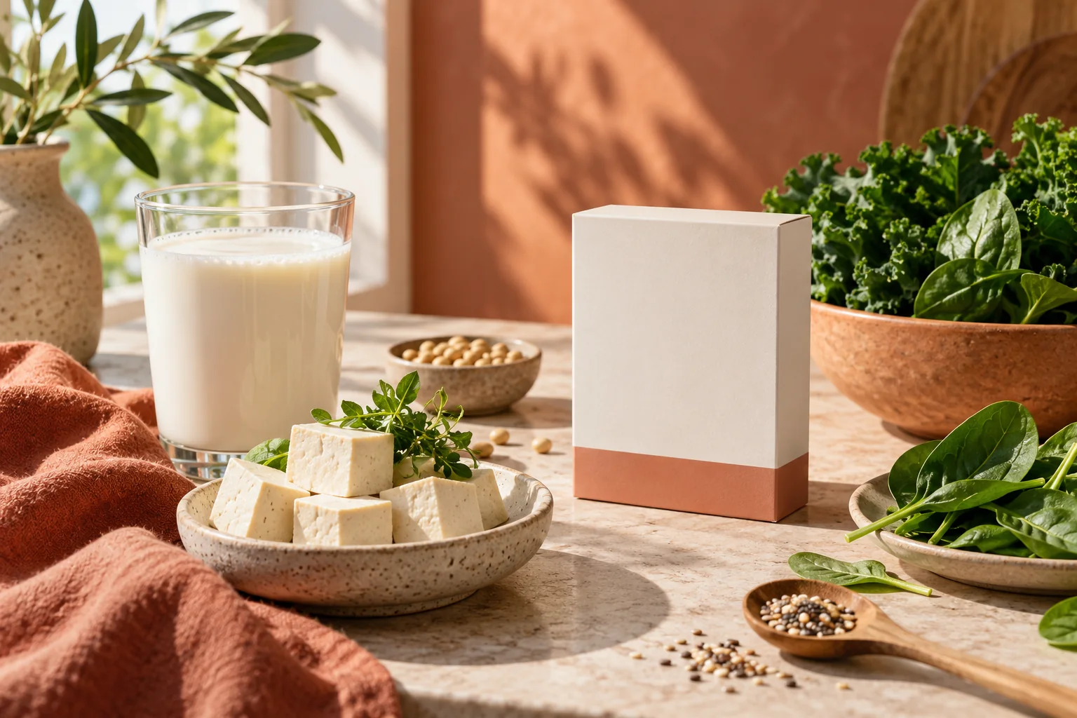 Milk, tofu and leafy foods beside an unlabelled box on a warm ivory table.