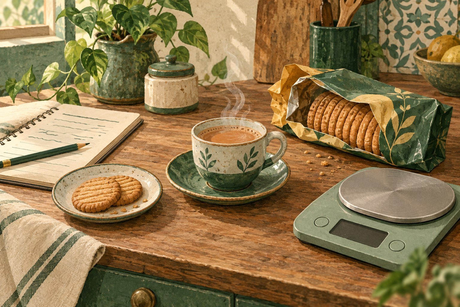 Illustration of chai, a small biscuit portion, a larger packet and a kitchen scale