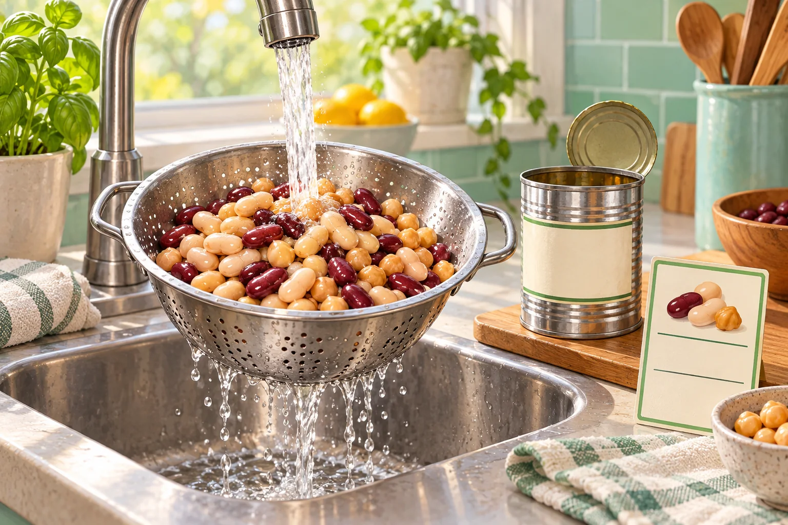 Beans in a colander under a kitchen tap beside a drained unbranded can on a mint-green counter.