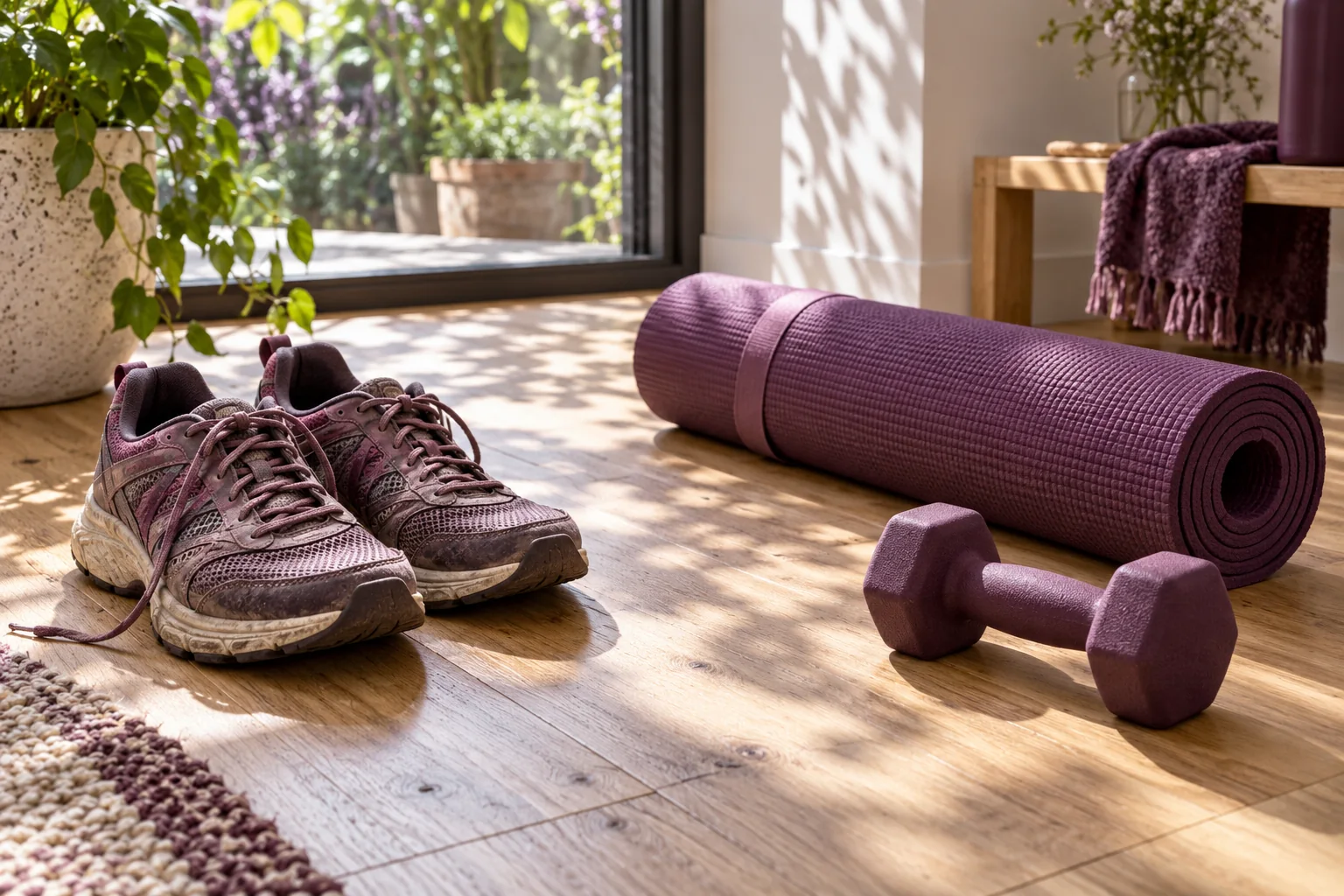 Walking shoes, an exercise mat and two small dumbbells beside a bright window.