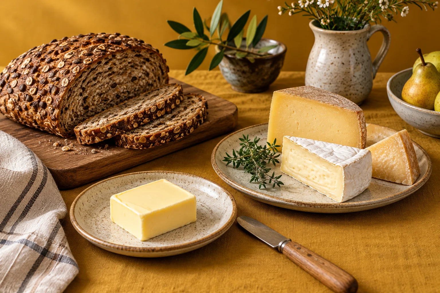 Plain cheese, butter and seeded bread on a mustard-coloured table.