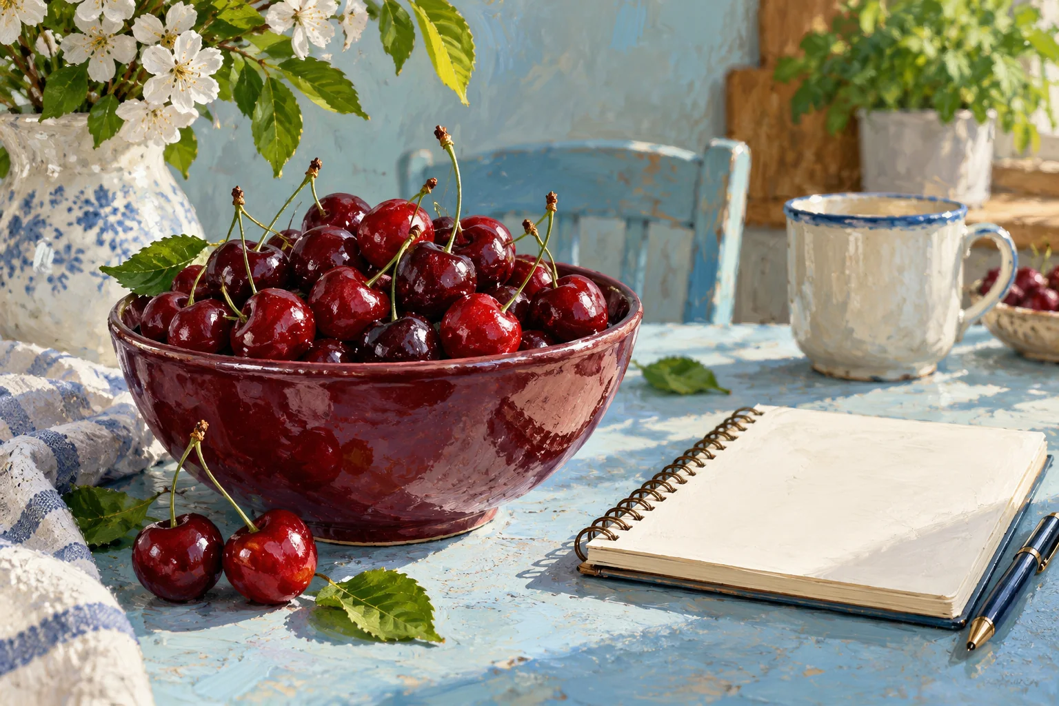 A burgundy bowl of fresh cherries on a pale blue kitchen table beside an unlabelled appointment notebook, without joints, pills or a cure symbol.
