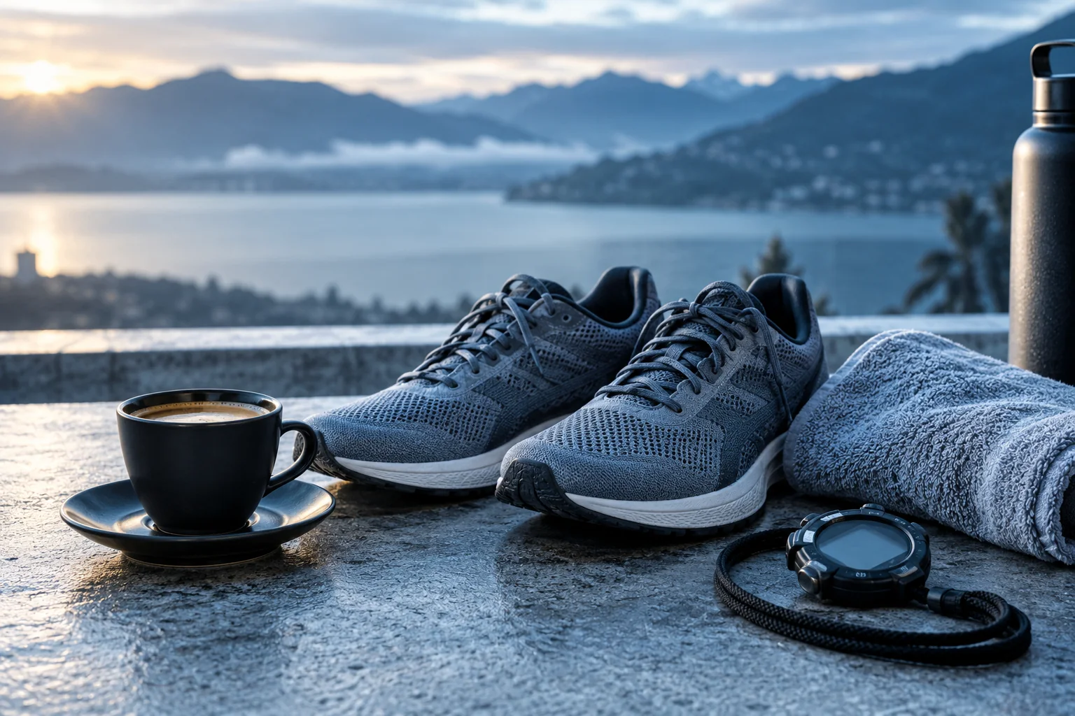 A black coffee cup beside running shoes, a watch and water bottle on a steel-blue morning table.