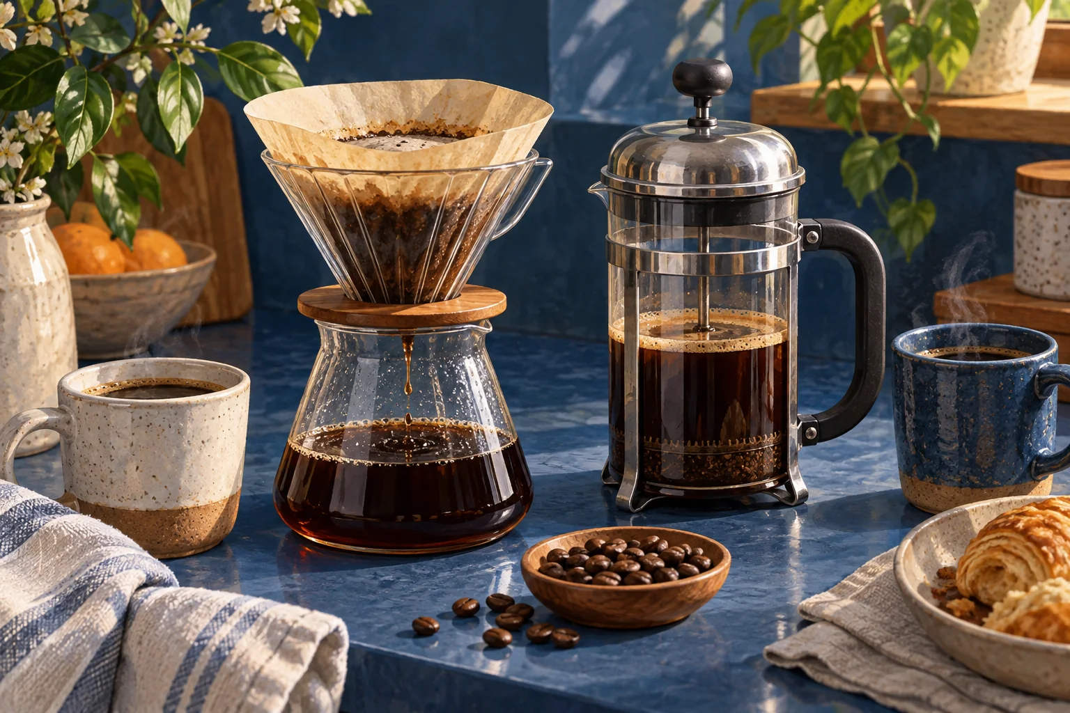 A paper-filter coffee dripper and French press on a deep blue counter.