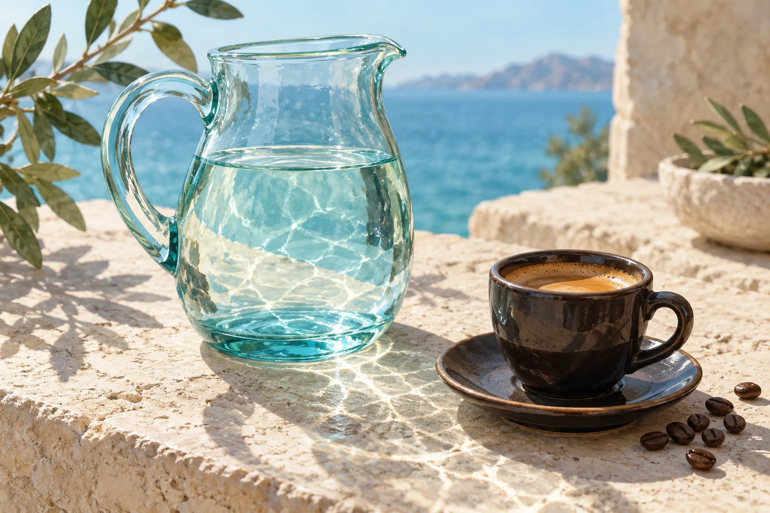 A clear water jug and espresso cup in bright coastal light.