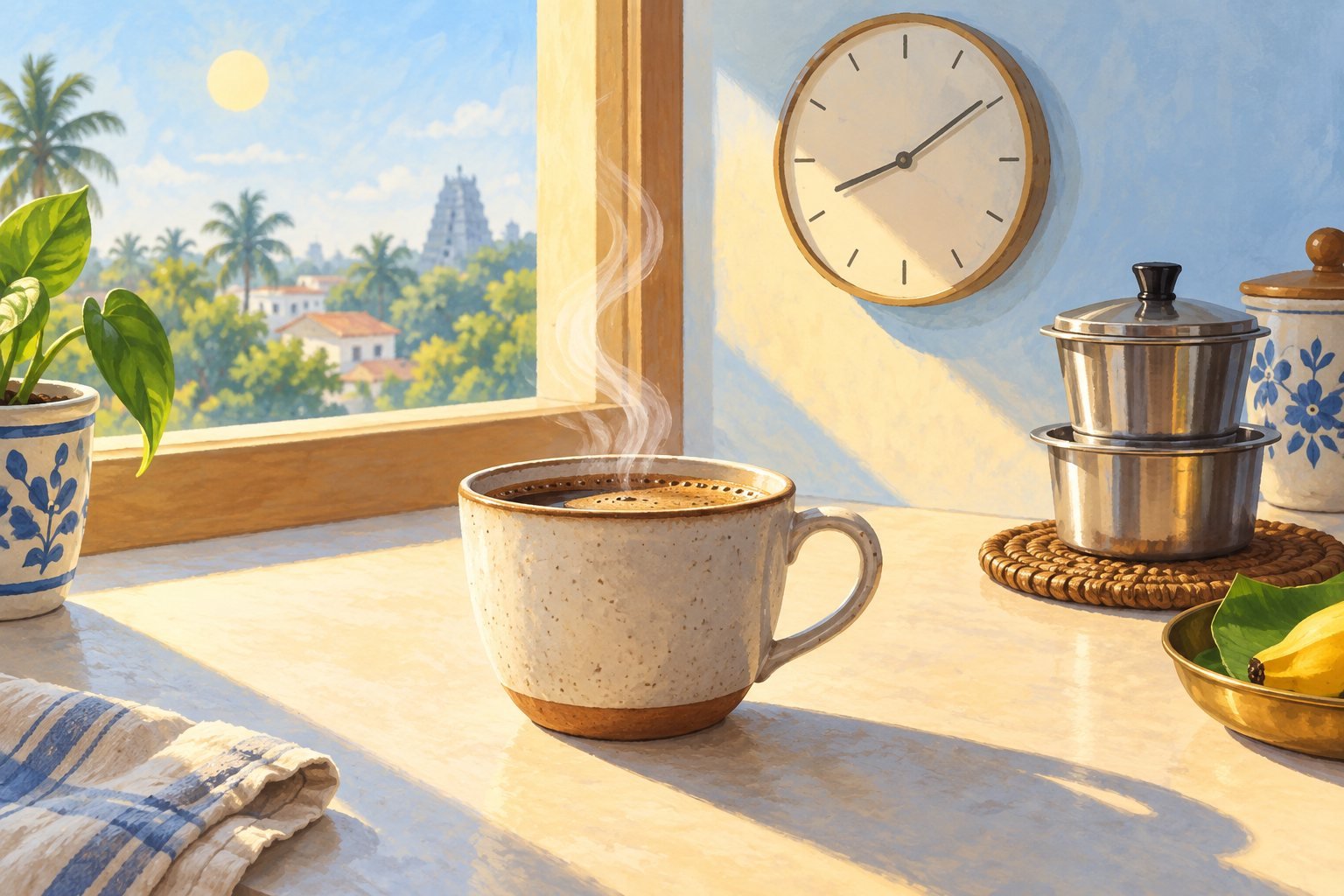 Morning light falling across a coffee cup beside an analogue clock. Conceptual editorial illustration.