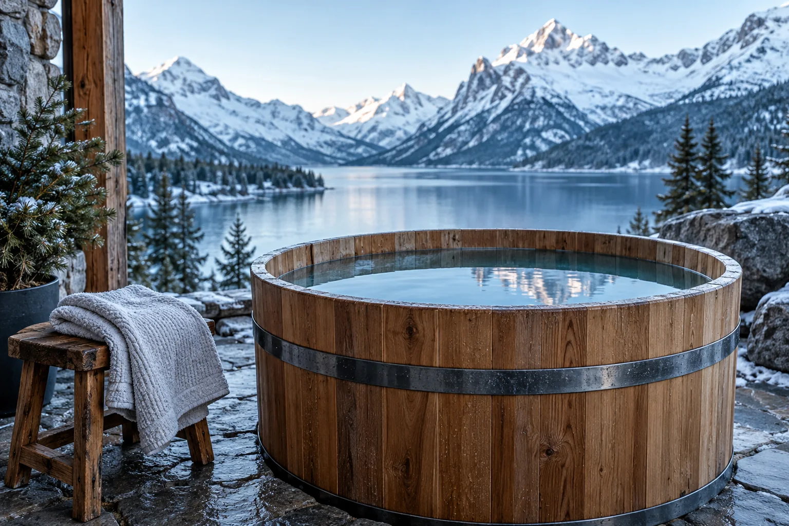 A wooden cold-water tub and towel beside a mountain lake.