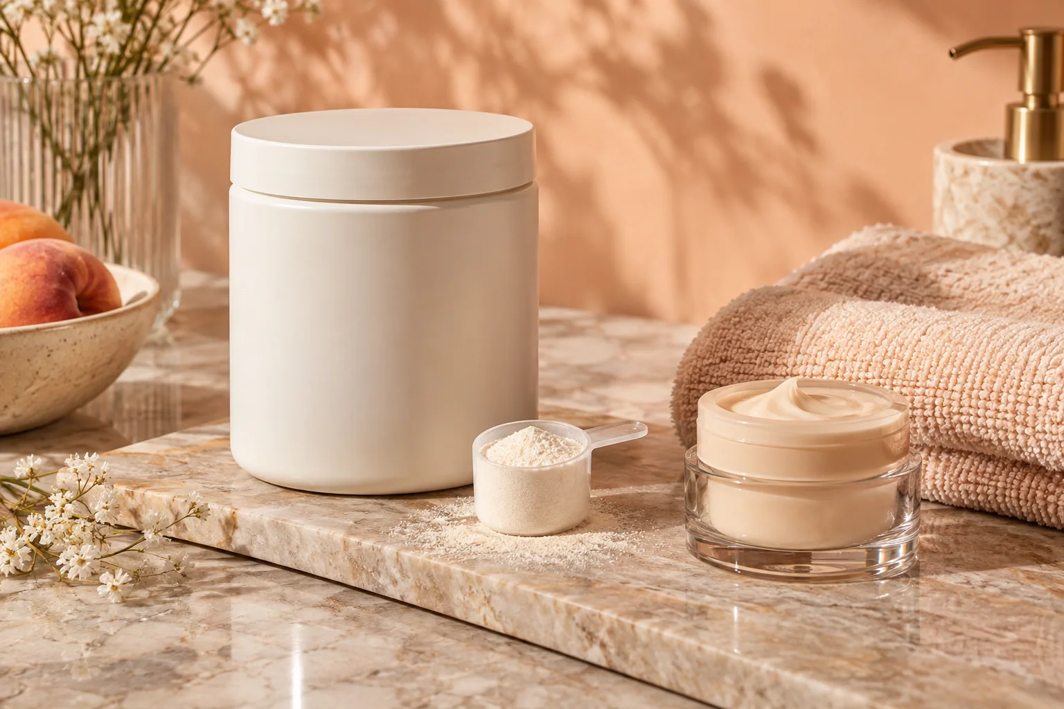 Unlabelled supplement jar and scoop beside a skin cream, peaches and a folded cloth in warm daylight.