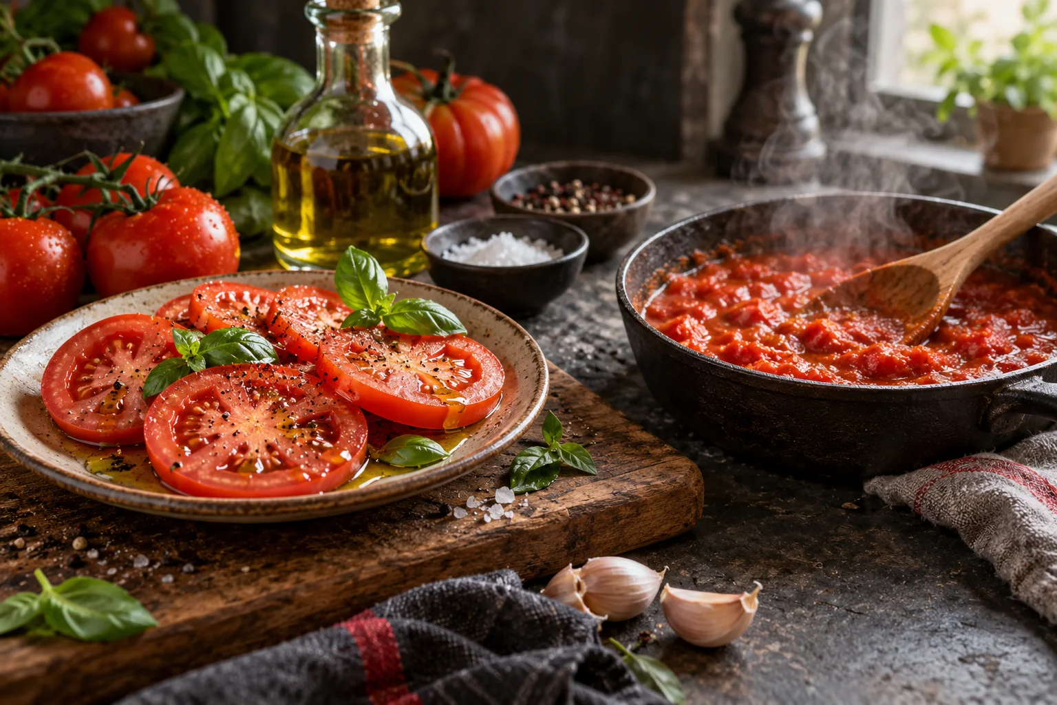 Fresh sliced tomatoes beside a pan of tomato sauce and olive oil on a dark rustic counter.