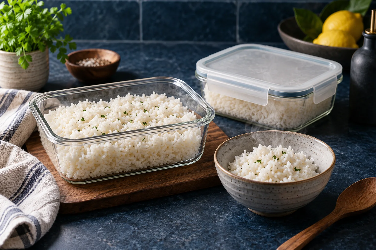 Rice in an open shallow food container beside a closed container and a serving bowl on an indigo counter.