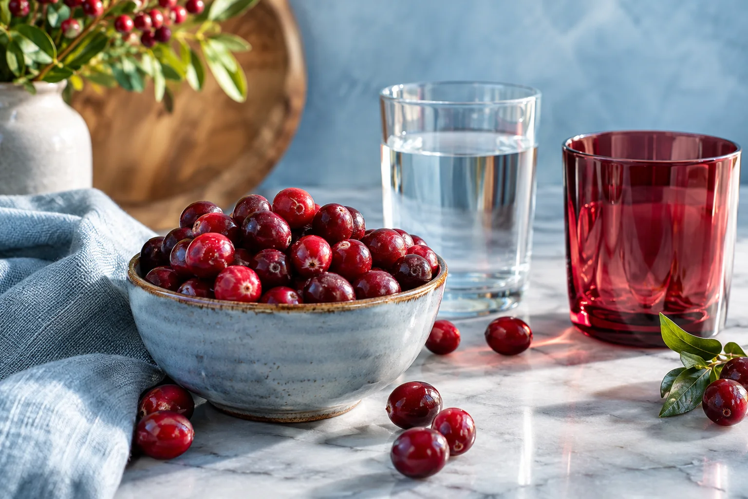 Fresh cranberries, a red drink and water beside a vase on a blue tabletop.