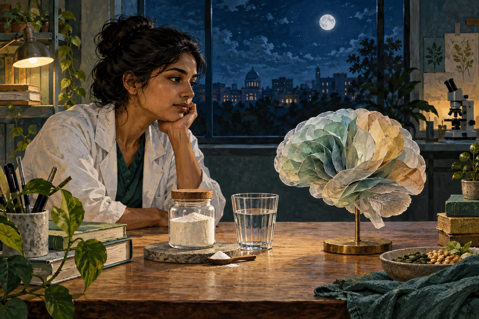 A sculptural folded-paper brain, laboratory glassware and a moonlit window.