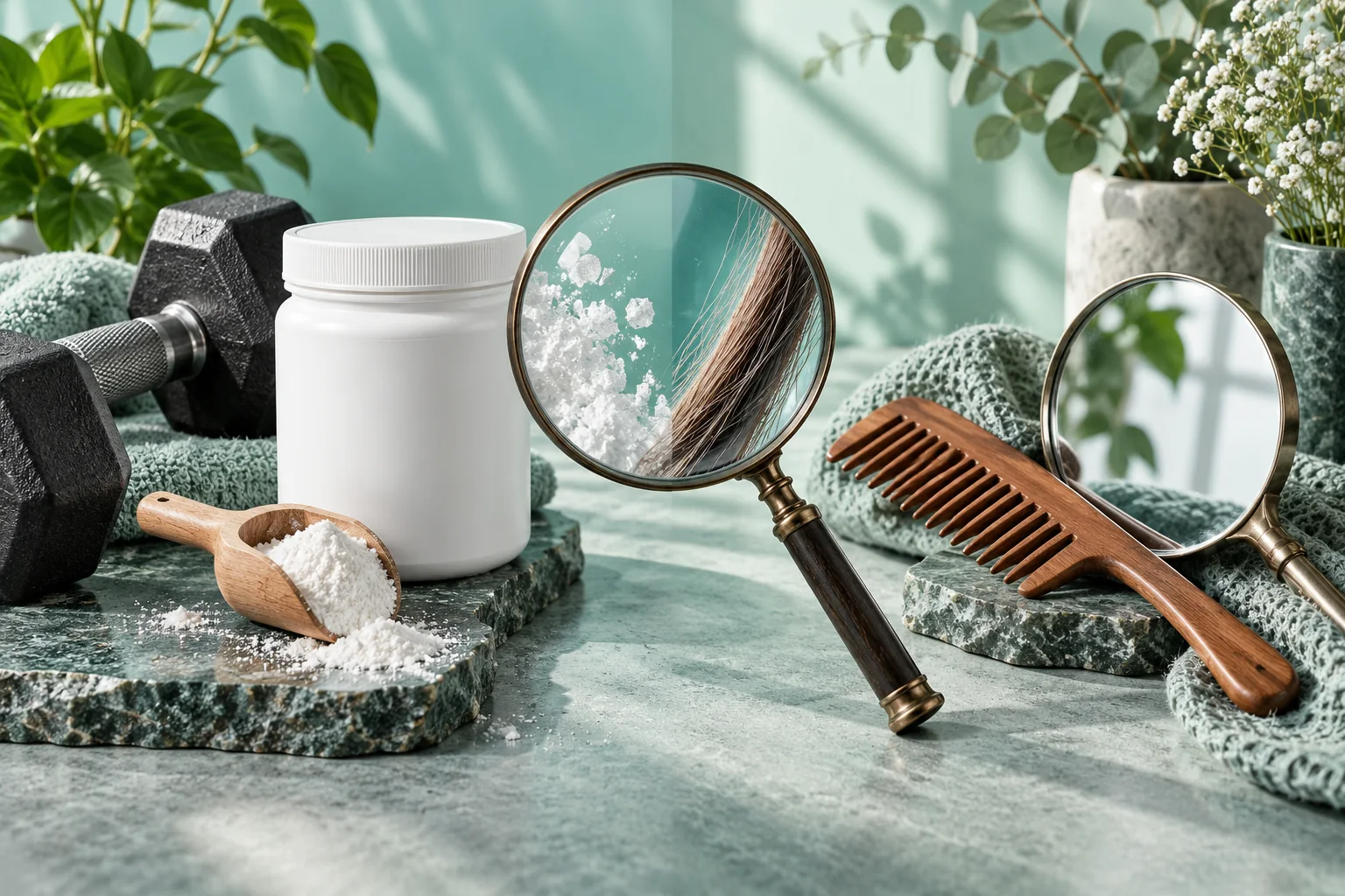 A dumbbell, plain supplement tub, comb, mirror and magnifying glass in a mint-coloured illustration.