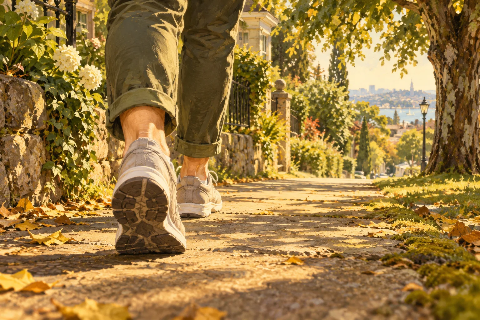 Walking shoes and a winding path with distinct stepping stones in a bright editorial illustration.