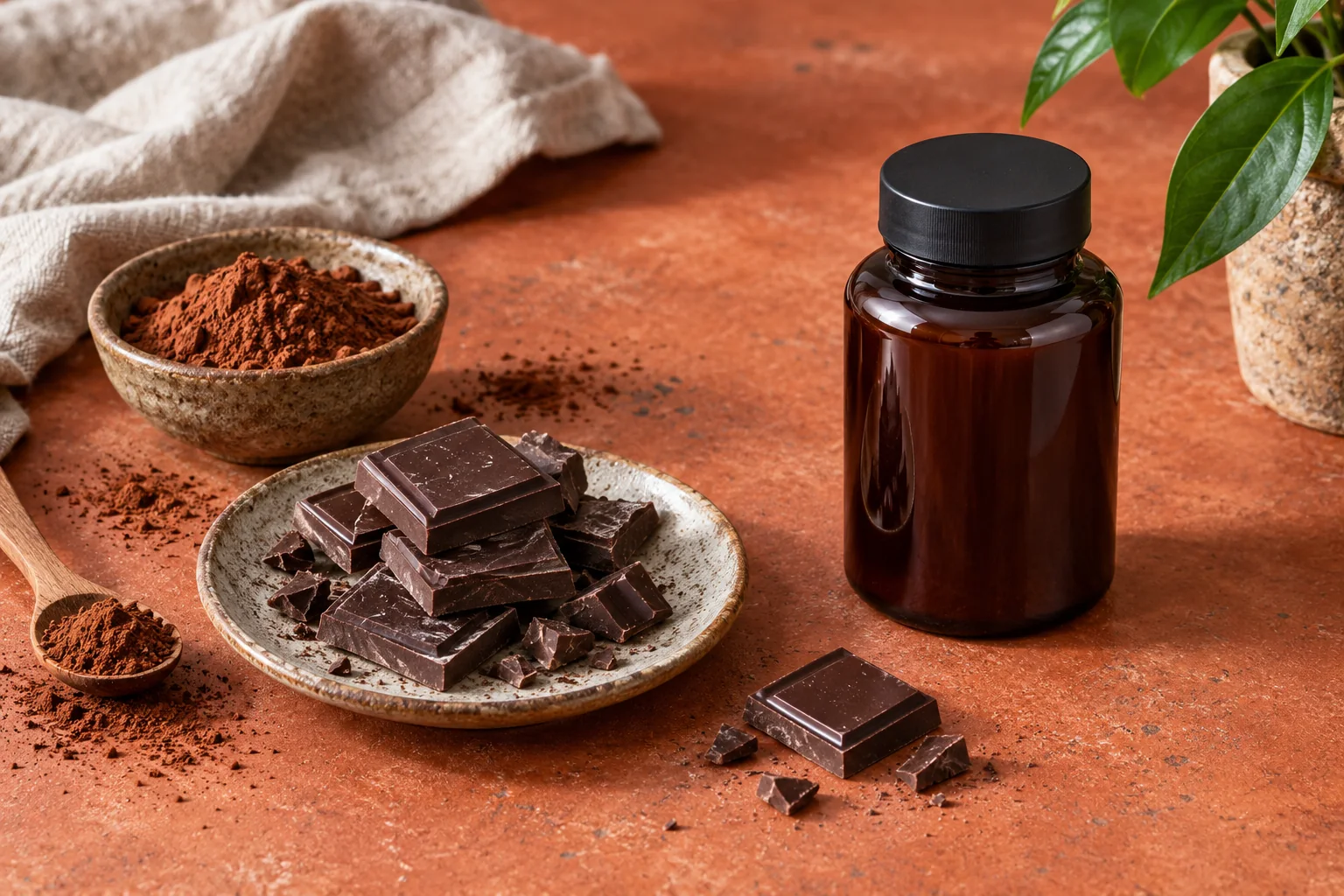 Dark chocolate squares, cocoa powder and an unlabelled closed supplement bottle on a rust-coloured table.