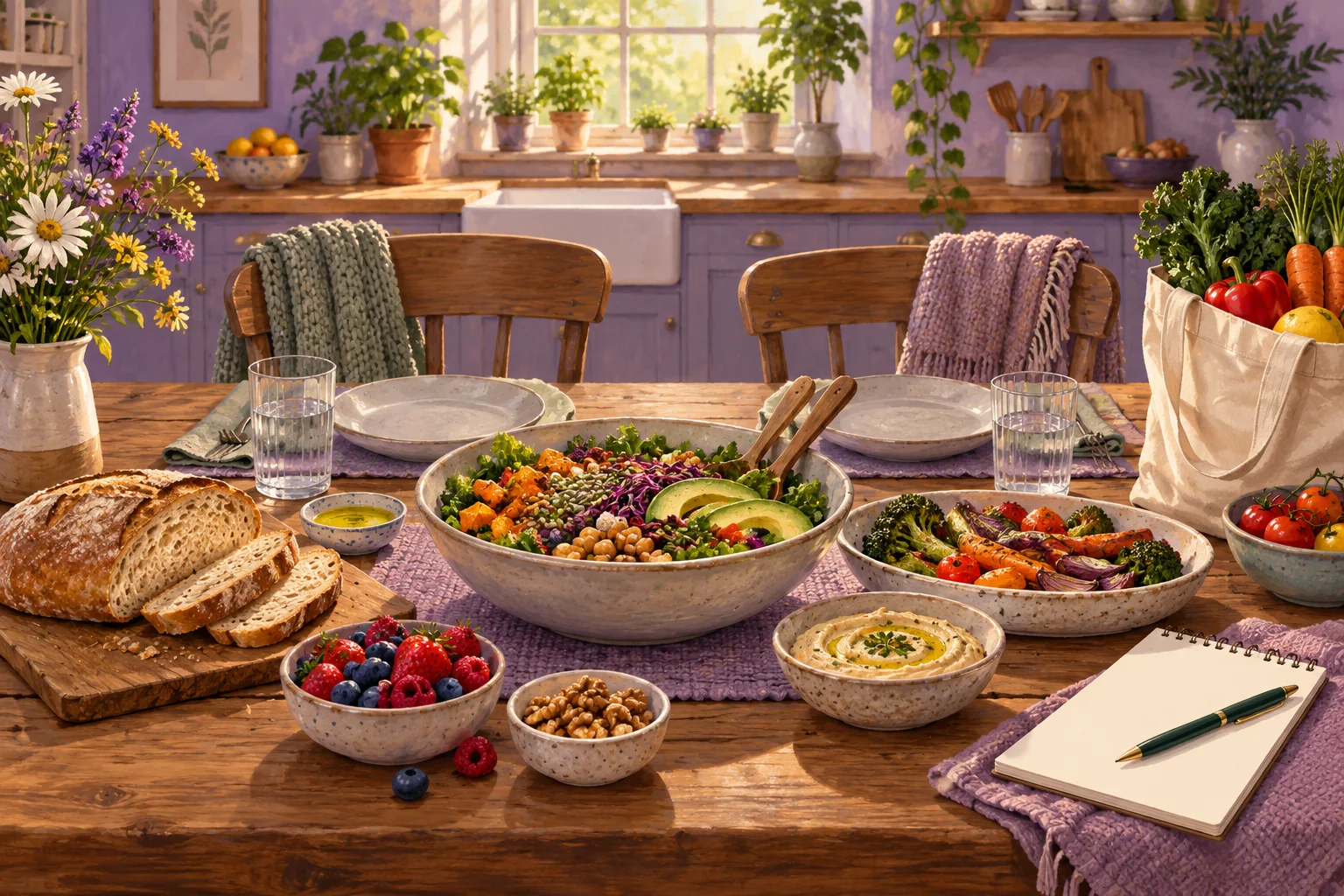 A warm lavender kitchen table with a varied everyday meal, a shopping note and two empty chairs suggesting supportive conversation.