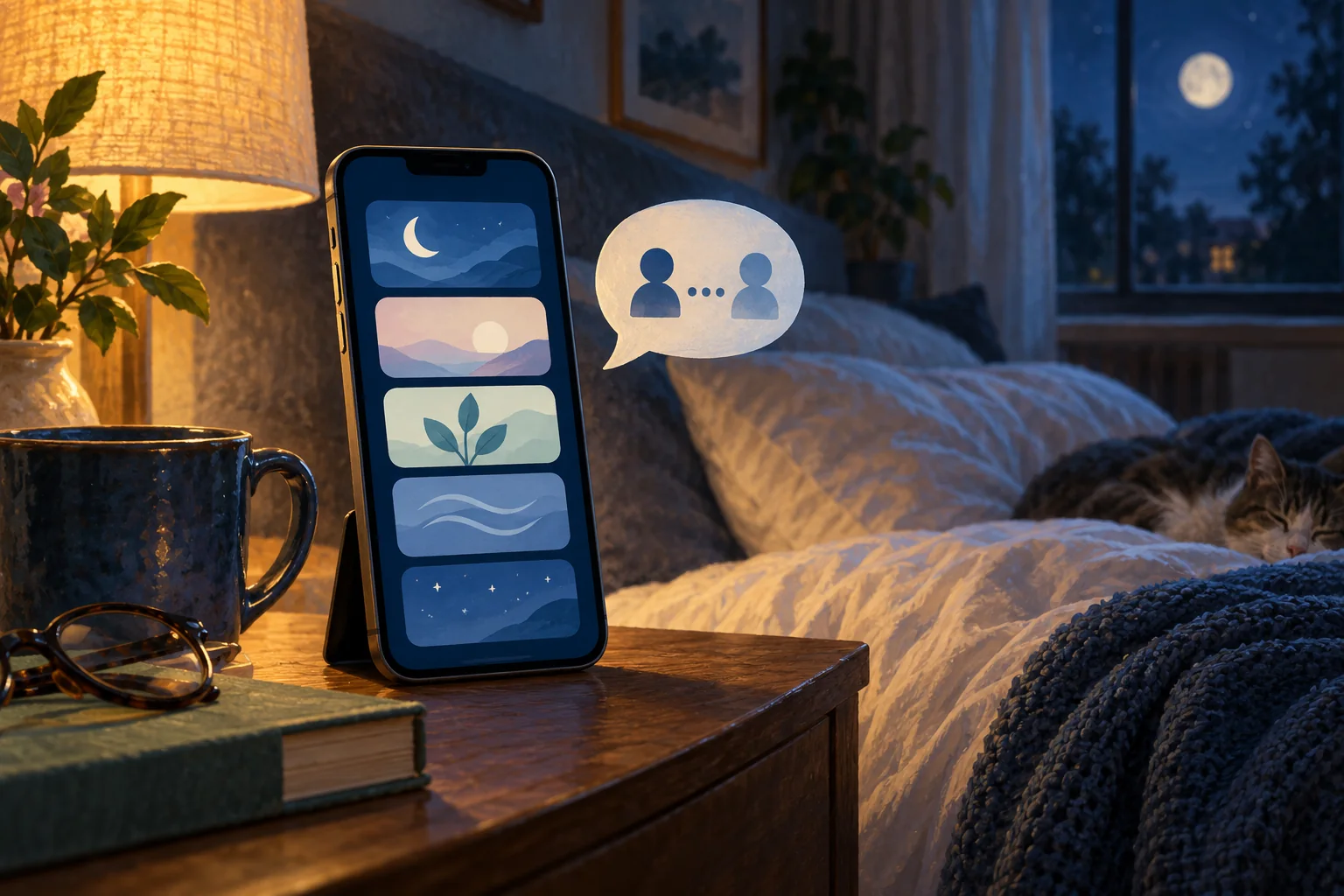 A phone displaying a structured sleep programme beside a bed and a conversation symbol.