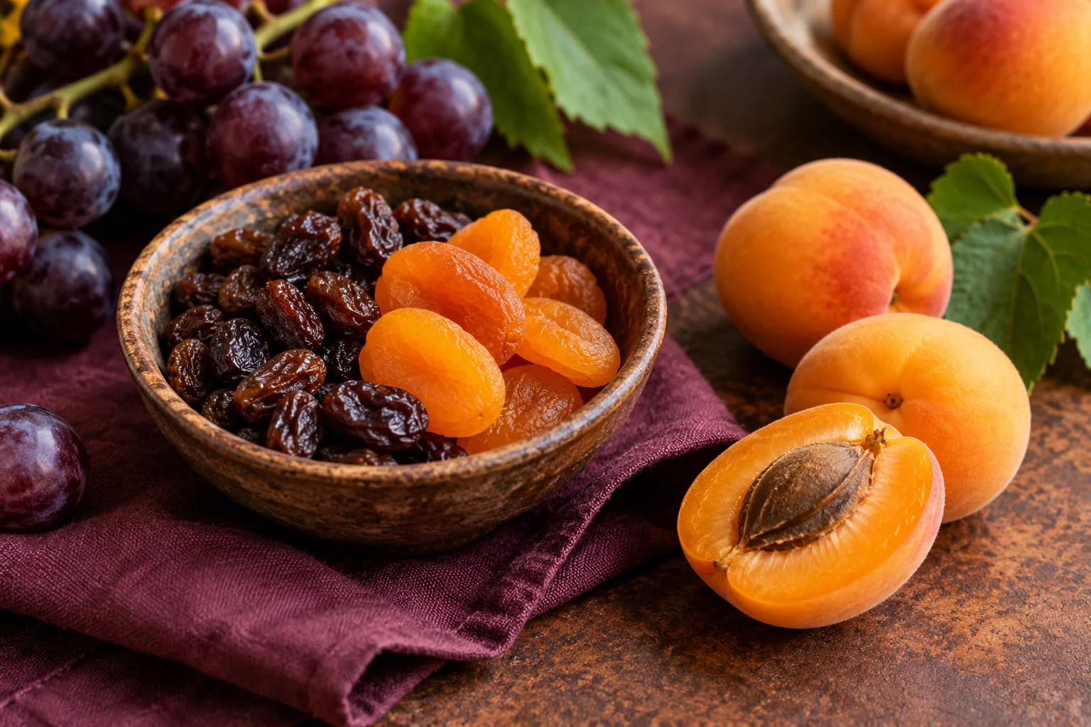 A small bowl of raisins and dried apricots beside fresh grapes and apricots on a plum cloth.
