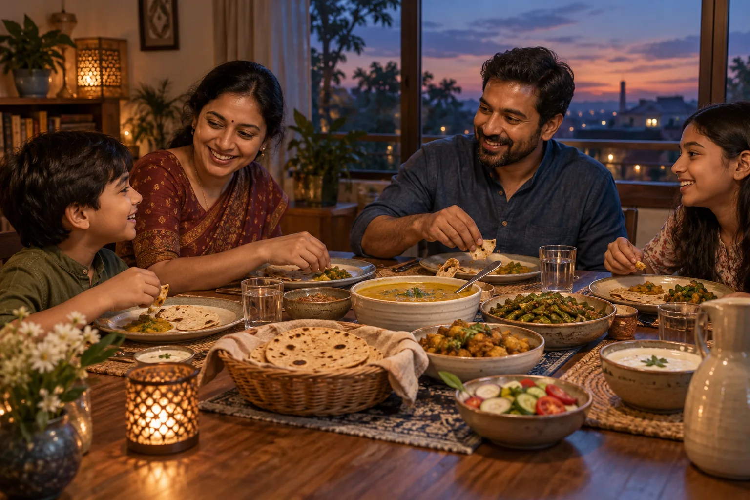 A dinner table in warm early-evening light.