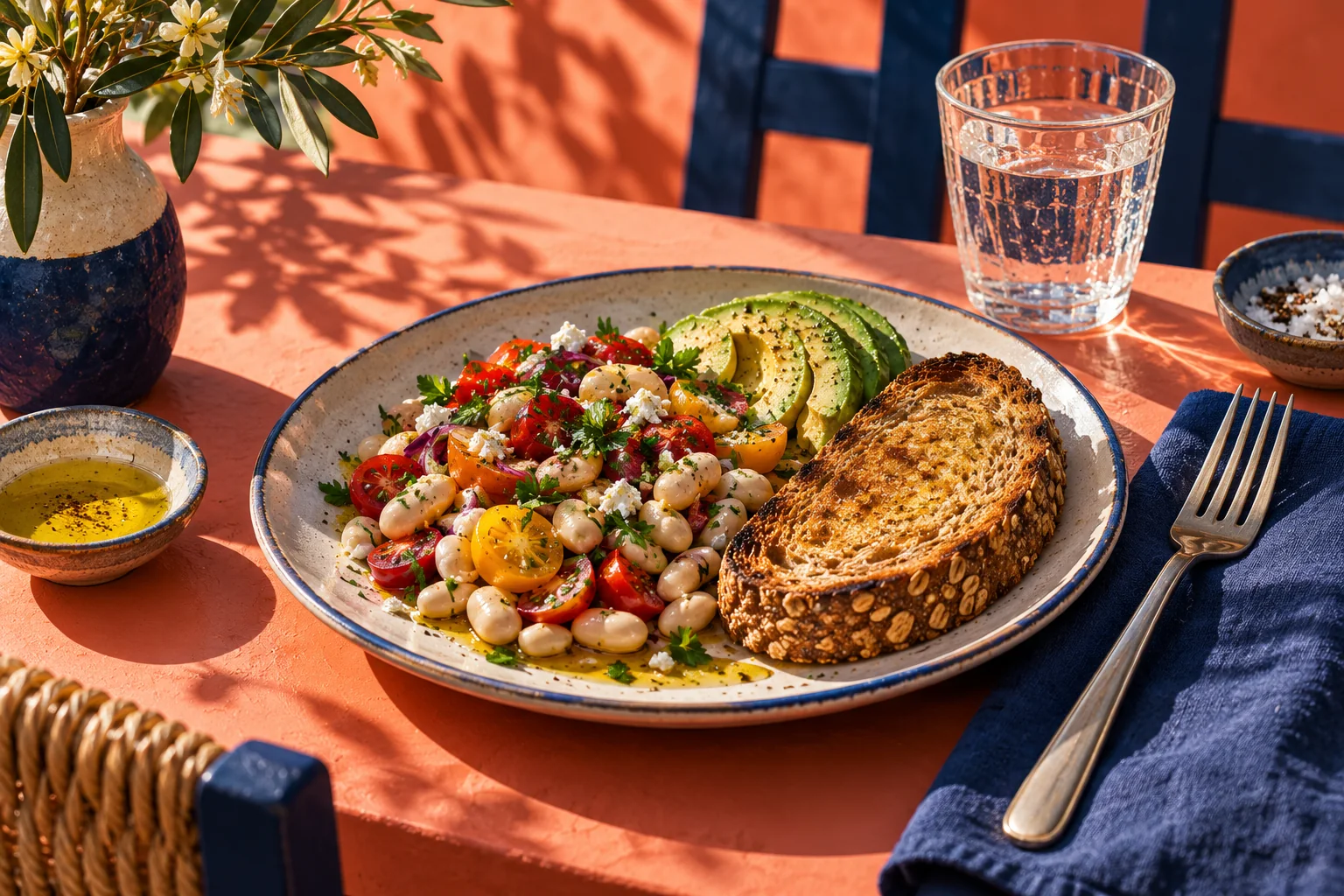 Textured toast and bean salad beside a resting fork on a coral table.