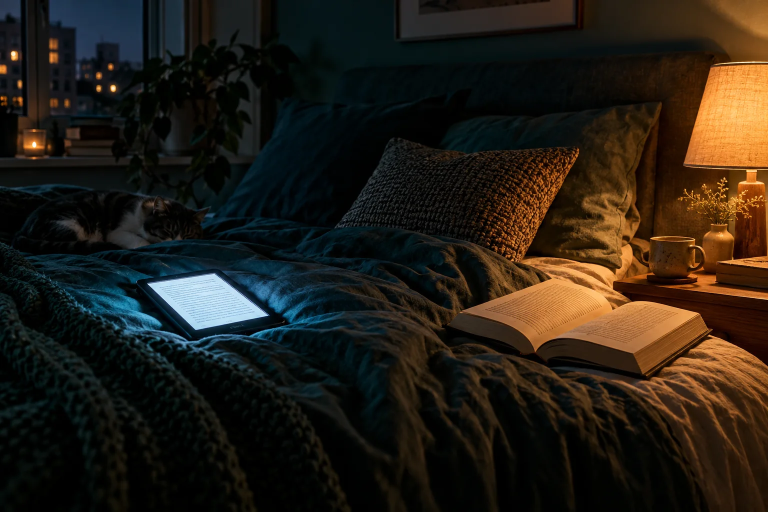 An illuminated electronic reader and open paper book on a bed beside a warm lamp at night.