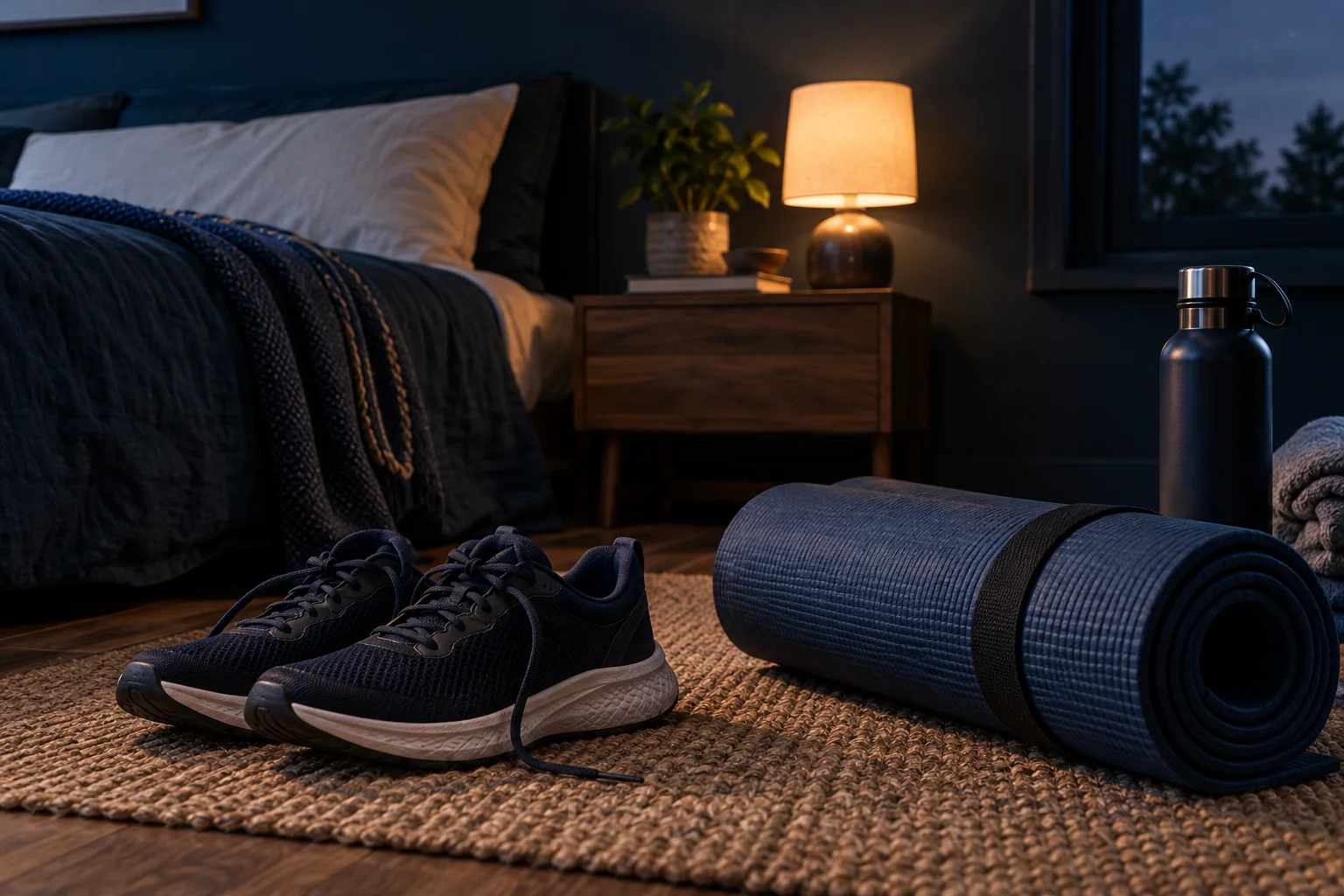 Exercise shoes, a rolled mat and water bottle in a softly lit bedroom at night.