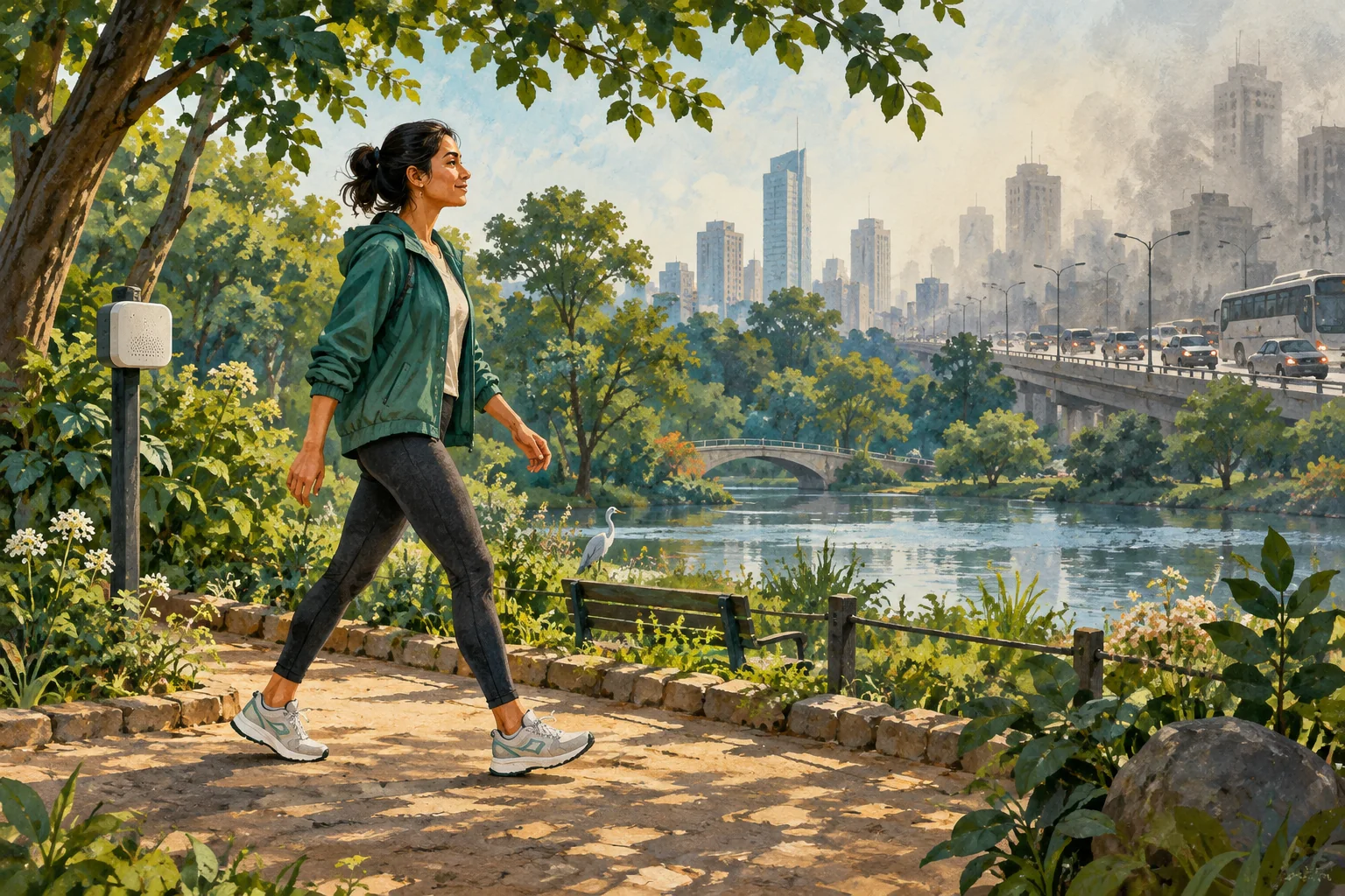 A green park path beside a hazy road, with an indoor exercise space visible nearby.