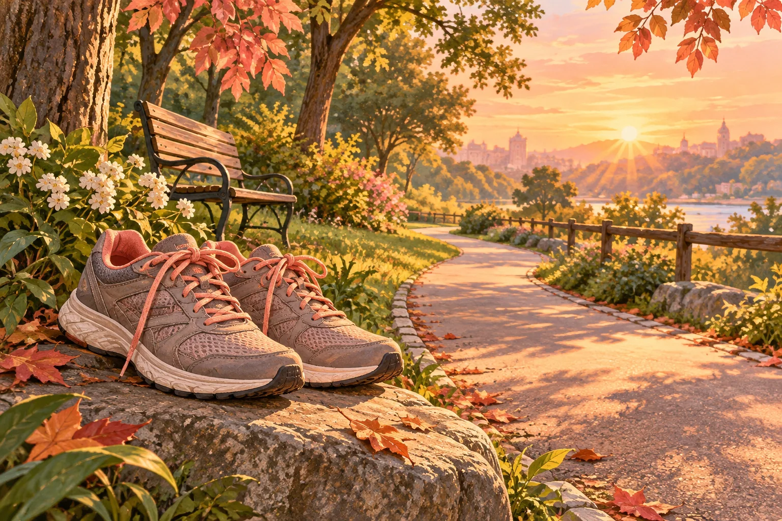 Walking shoes beside a leafy park path at sunrise.