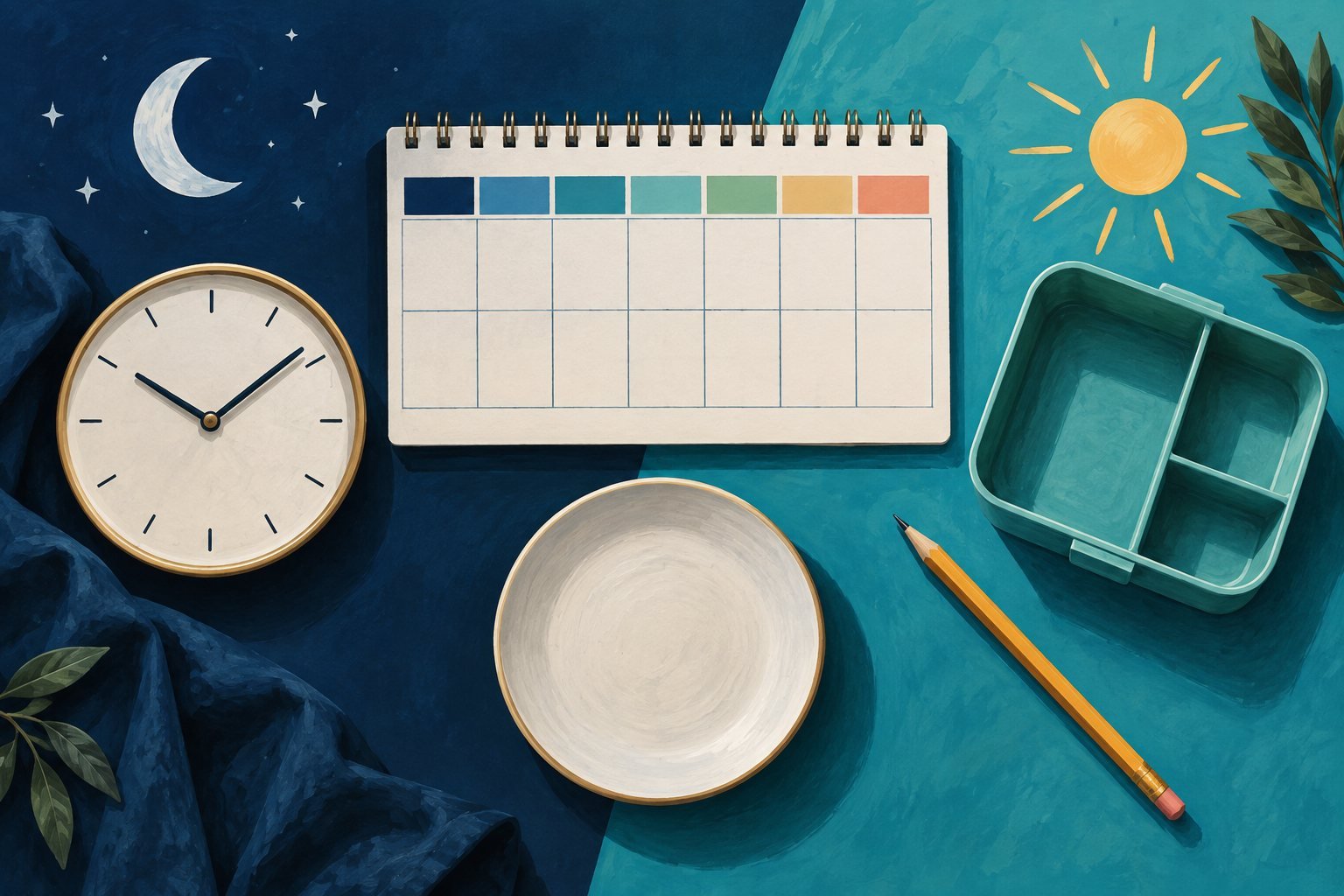 An eating-schedule planner, clock and lunchbox against a navy backdrop. Conceptual editorial illustration.