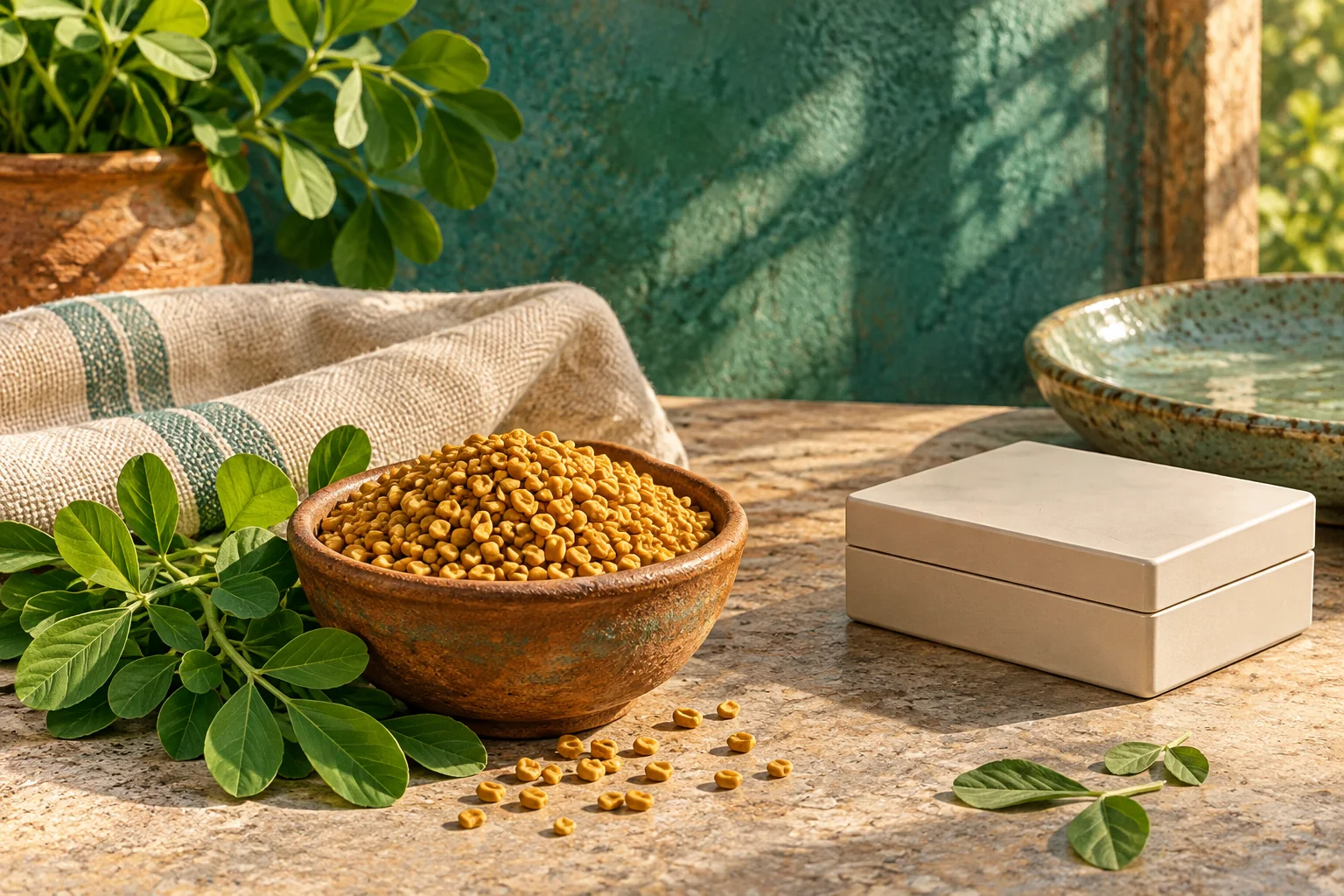 A bowl of golden fenugreek seeds and green methi leaves beside a closed sample box.