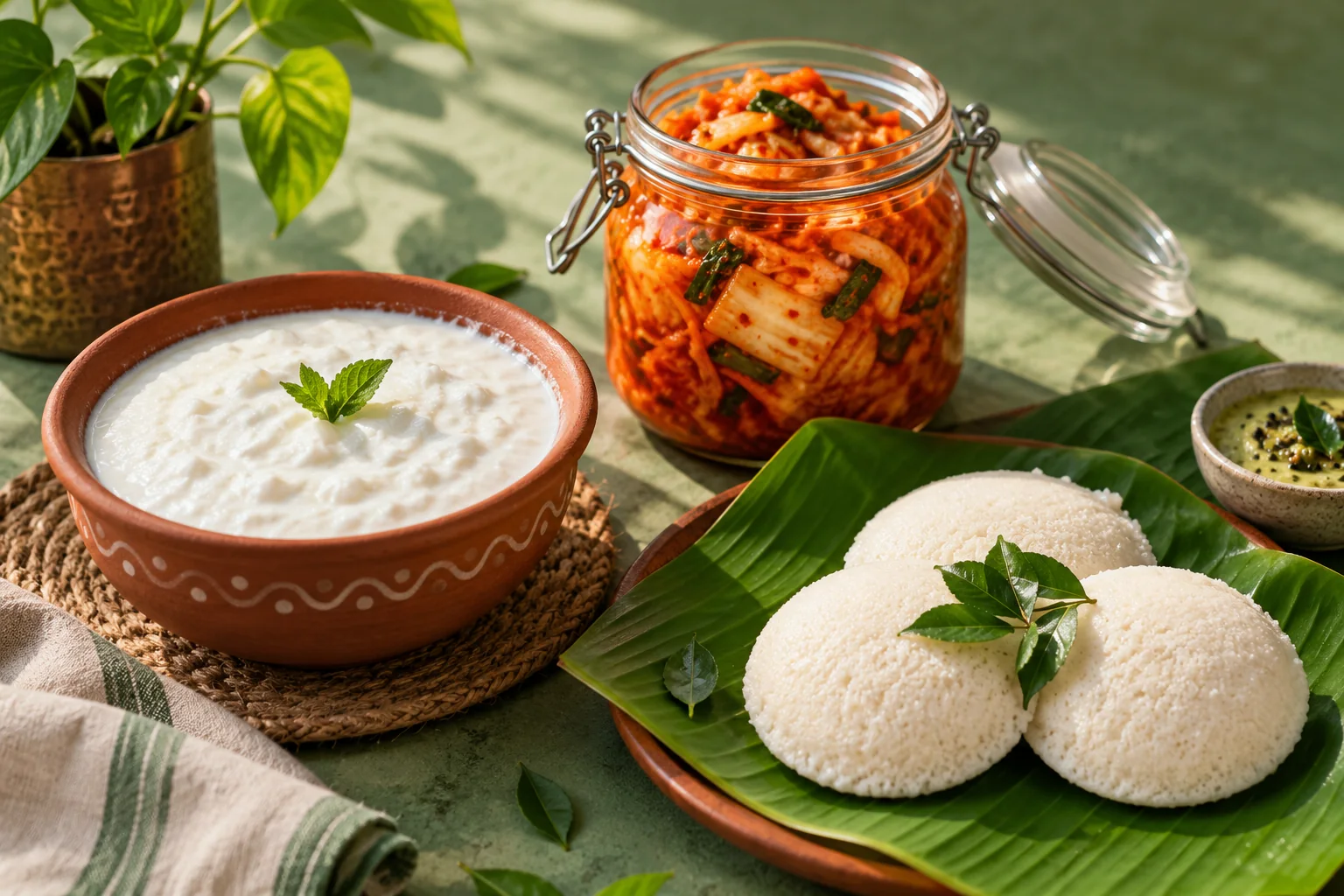 Dahi, kimchi and cooked idlis show different fermented foods.