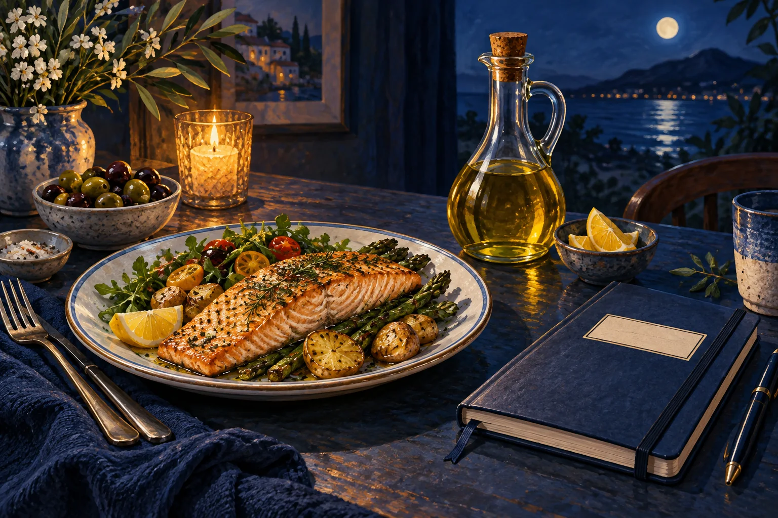 A midnight blue dinner setting with a fish dish, olive-oil carafe and closed headache diary, without medical or cure imagery.