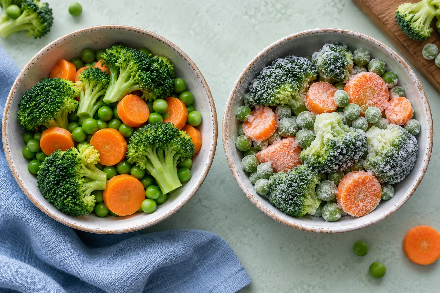 Two bowls containing fresh and visibly frozen broccoli, peas and carrots on a pale mint table.