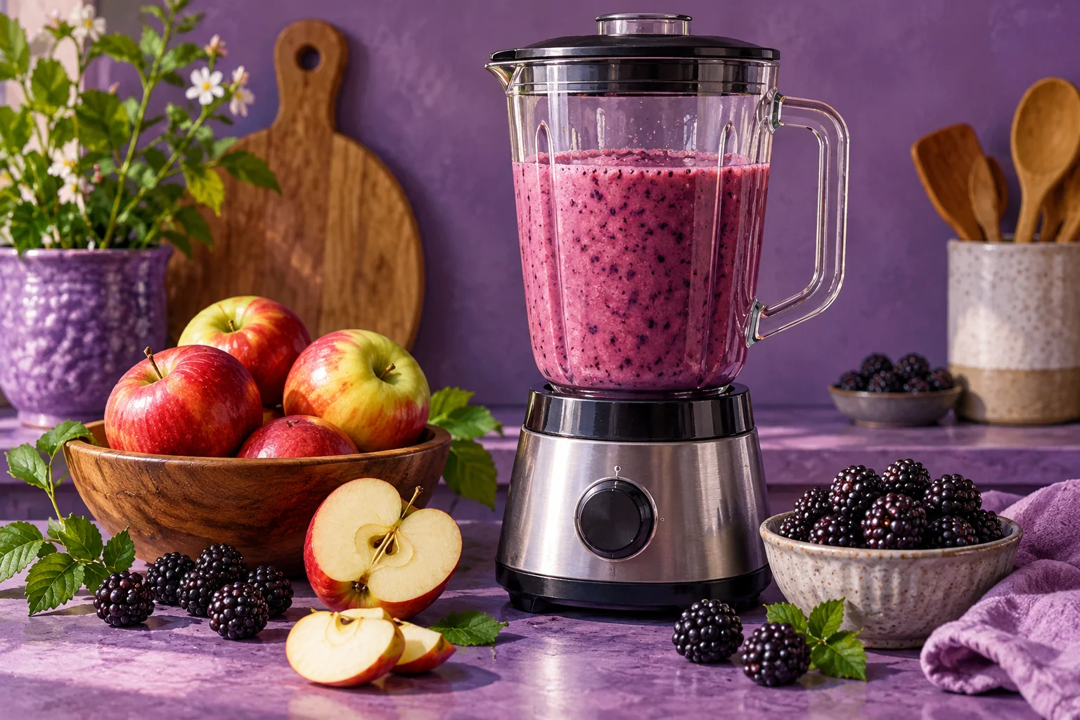 A violet glass blender holding apple and blackberry smoothie beside the same whole fruits, with no glucose curve or health badge.