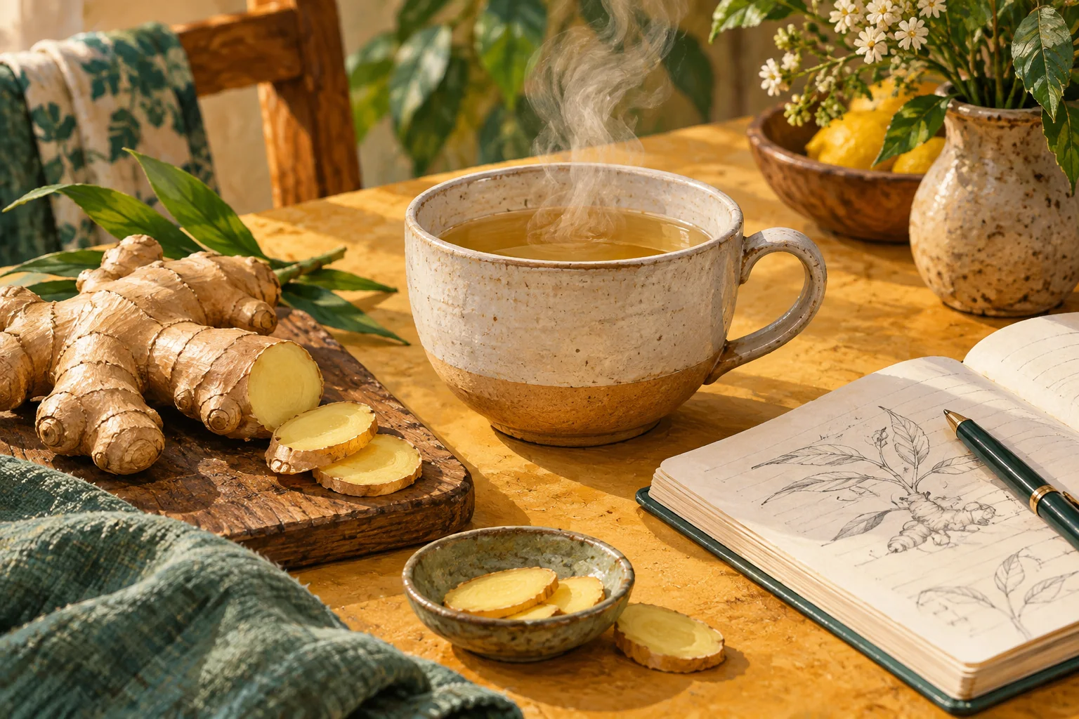 Fresh ginger, a steaming unbranded tea cup and a small research notebook on an ochre table.