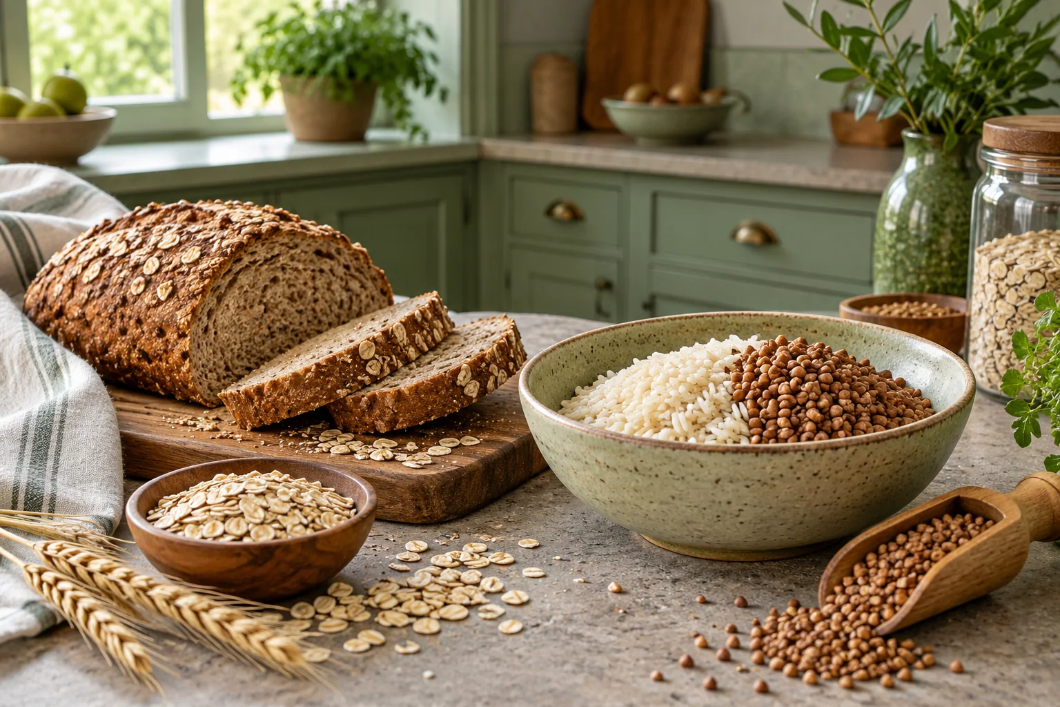 Seeded bread, oats, rice and buckwheat in a green kitchen.