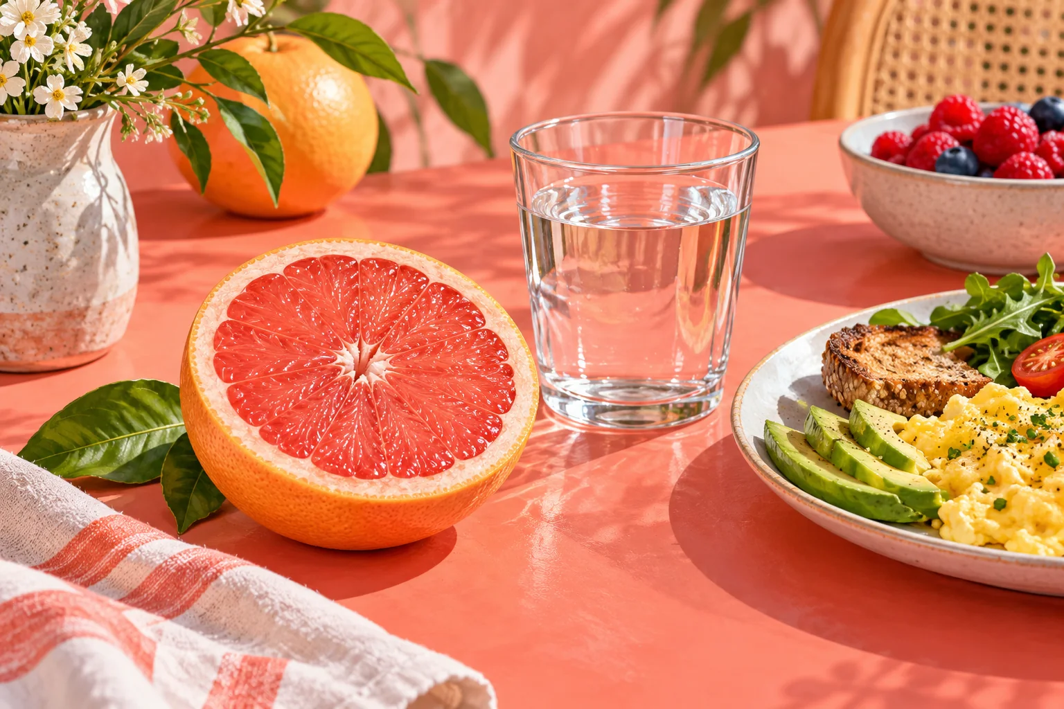 A halved pink grapefruit beside a clear glass of water and breakfast plate on a coral table.