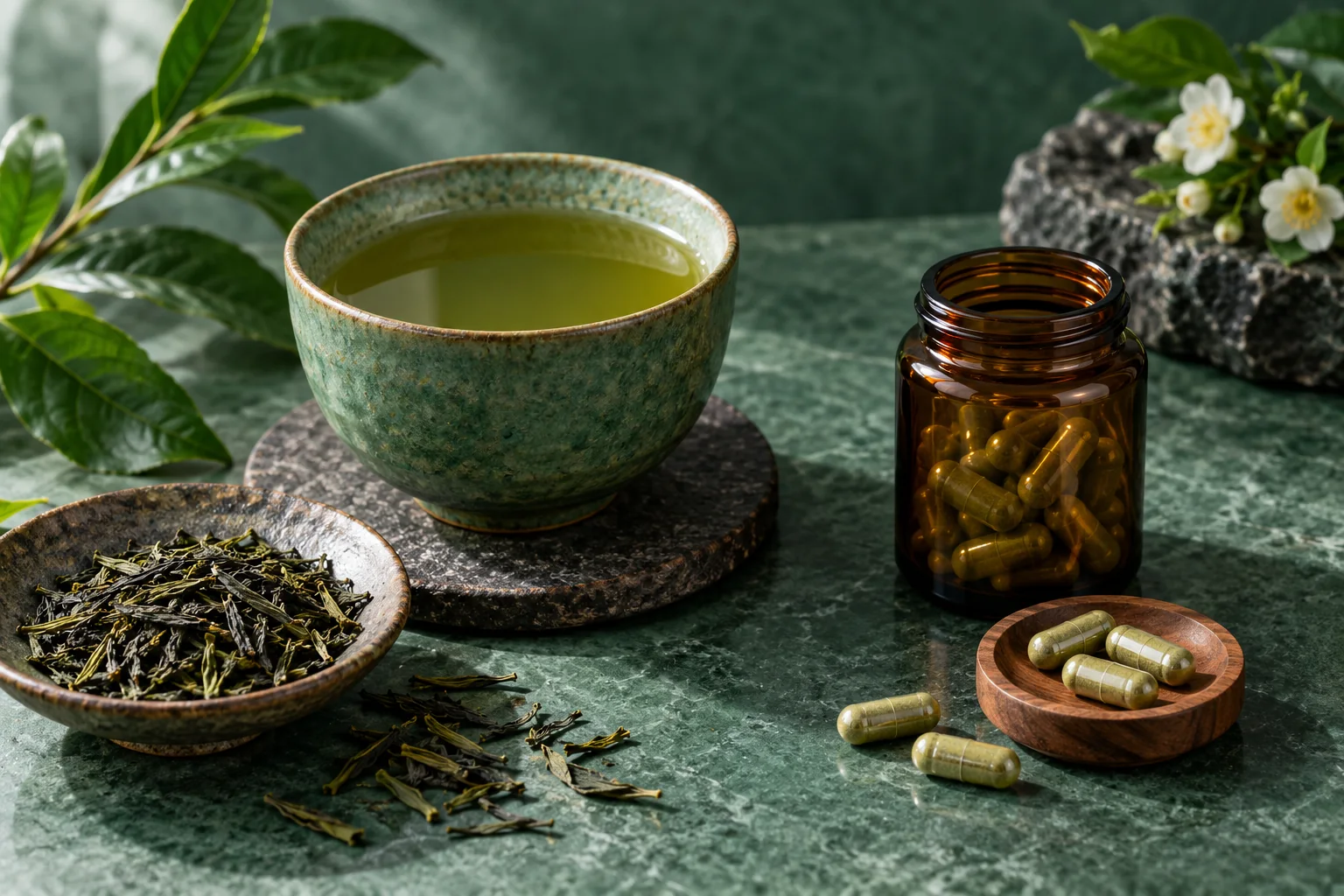 A green tea cup beside an amber bottle and separate capsules on a dark stone surface.
